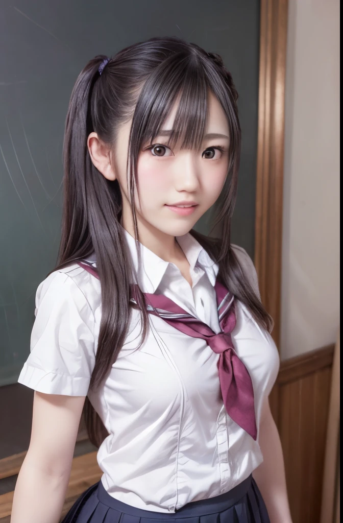 1 girl, So cute, Great face and eyes, (Beautiful lovely smile), (Very detailedな美しい顔), bright shining lips, Keep staring at me, so beautiful, (school uniform:1.3), Open chest、Cleavage、Big Breasts、(highest quality:1.4), (super high quality), (Very detailed), (Surreal, Photorealistic:1.37), Real skin texture, 8K wallpapers incorporating highly detailed CG, RAW Photos, Professional photos, Cinema Lighting,Short skirt、Wearing boots、