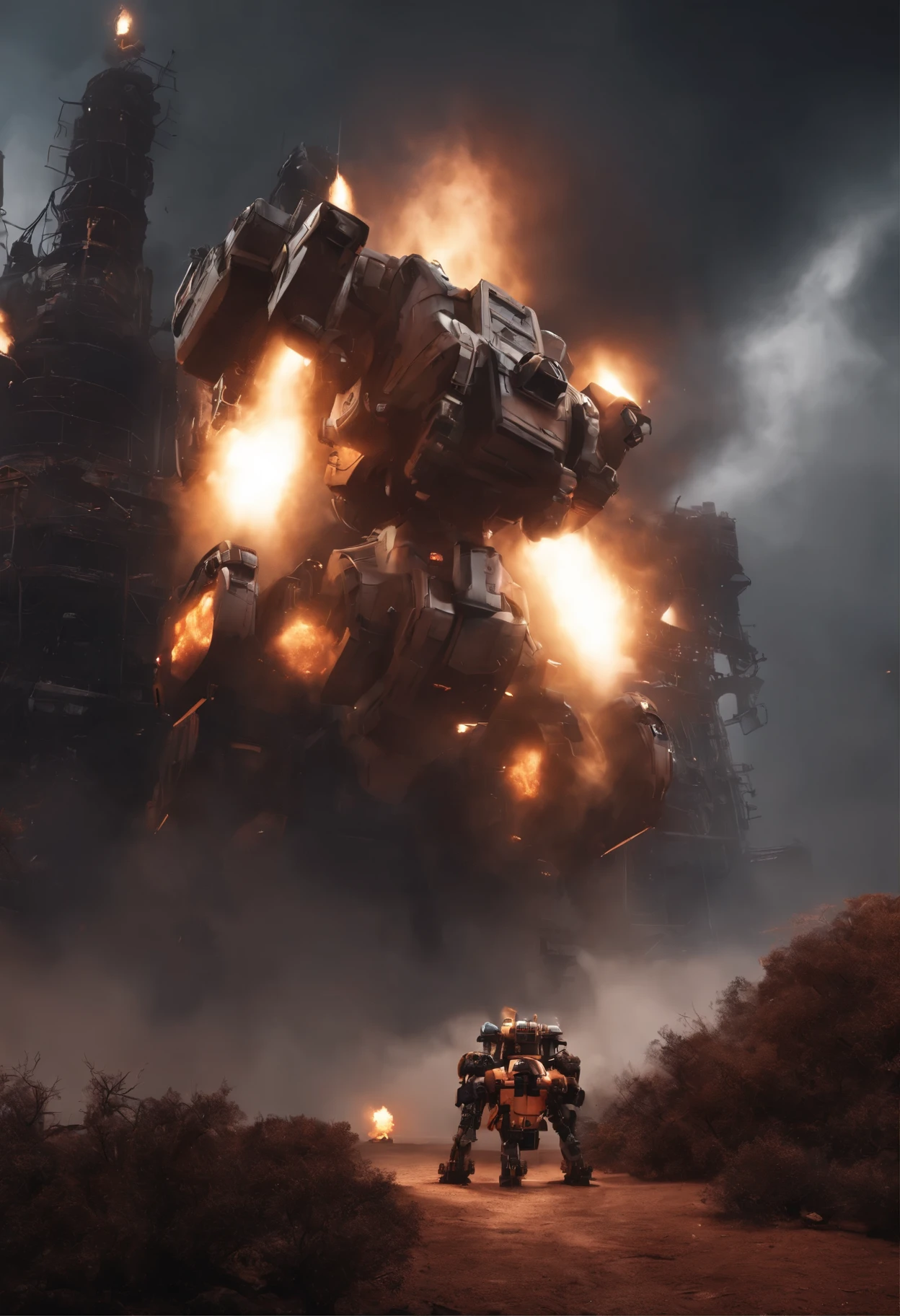荒原风格的spacecraft, Explode in the air, The engine emits black smoke, Surrounded by a bunch of small red wasteland-style flying machines, An abandoned ancient city as the background, Tall industrial towers and some withered vegetation, The storm swept through, Fog lamp lighting, Low saturation, Movie Lenses,Unreal Engine,artstation 上的热门 Mecha战士,Mecha战舰,Fire Fighting,Fire prevention,Fire,Horizontal screen,Fire Fighting战舰,Mecha,space ship,spacecraft