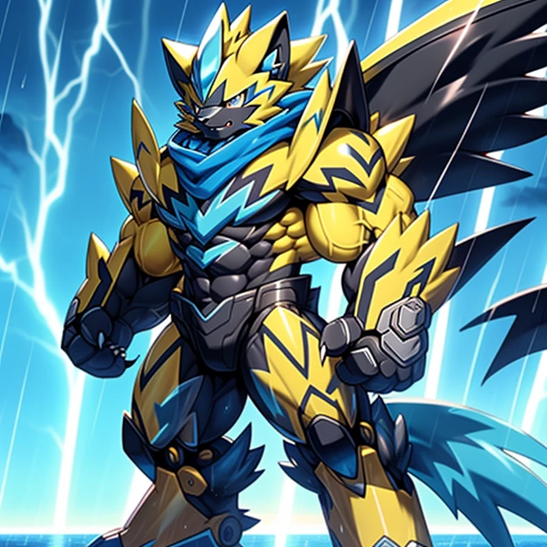 (masterpiece, best quality, detailed:1.2)
(Pokémon)
detailed full body,
Zeraora's giant robot.
Gigantic ZERAORA,
GIANT.
Protecting Zeraora's design and color scheme. scarf, A Zeraora at the bodybuilding competition, thunderstorm, rainy weather, lightning
wears a black cloak on his back.
It has wings.
whole body shines like metal.
Wearing cyberpunk mecha, emphasizes the muscles.
He wears the same armor as himself from head to foot. (emphasizes the muscles.)
suit fully made of metal,
intricate armor, Robotic suit, suit fully made of metal, cyborg,
big muscle.
pecs, triceps,
body full of huge muscles.
unusually developed muscular body,
A Zeraora at the bodybuilding competition,
massive,
huge muscular bodybuilder with extraordinary biceps, pecs, triceps, traps, gigachad, 300 lbs.
The claws are sharp, Sharp teeth,
with huge golden laser sword,