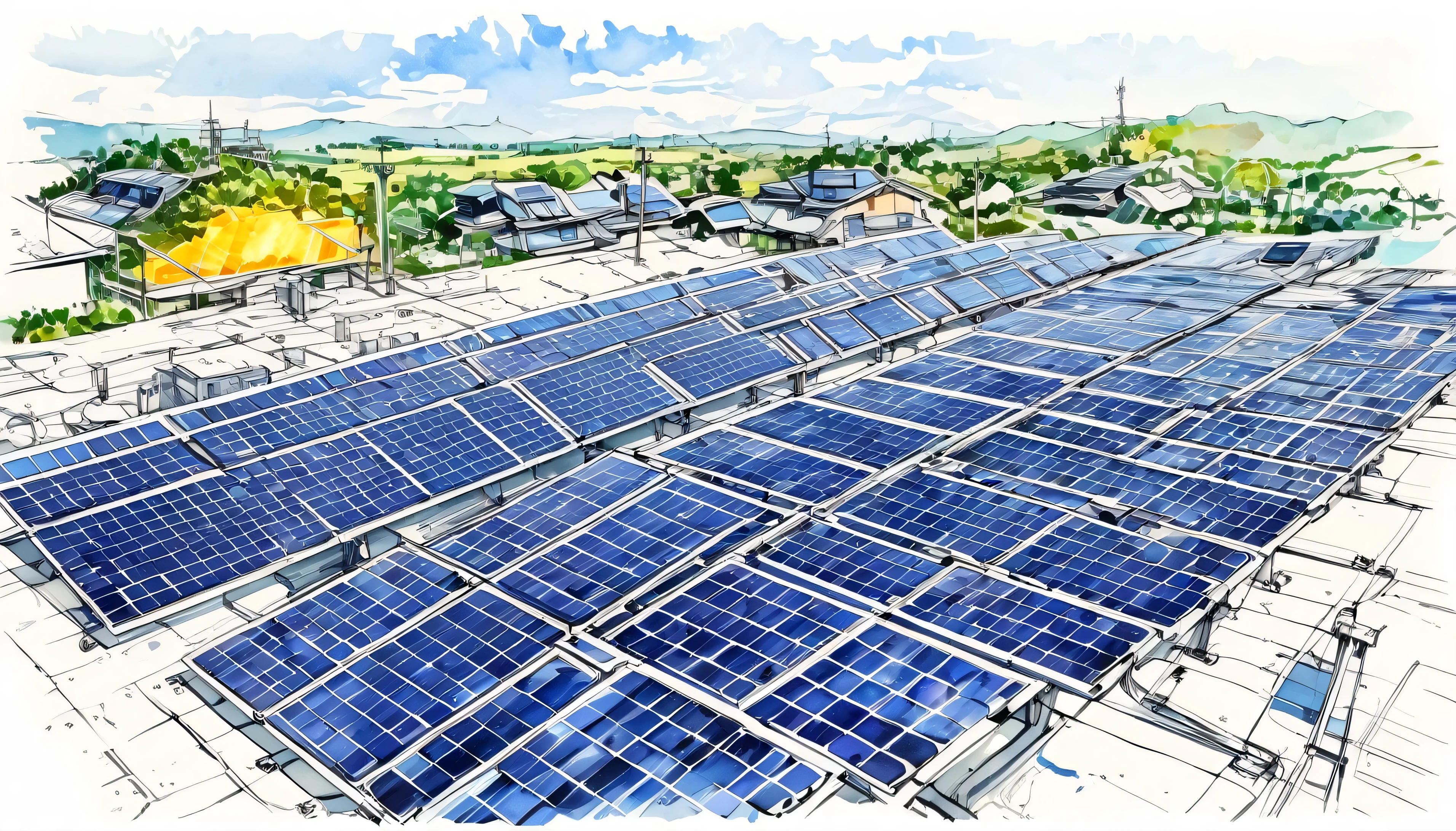 Masterpiece、Mega Solar、Aerial view of solar panels、Omitted style,Line drawing sketch,Stylish cut, artistic,Scribble style,Clear, bold, thick outlines,,Rough coloring, watercolor painting,