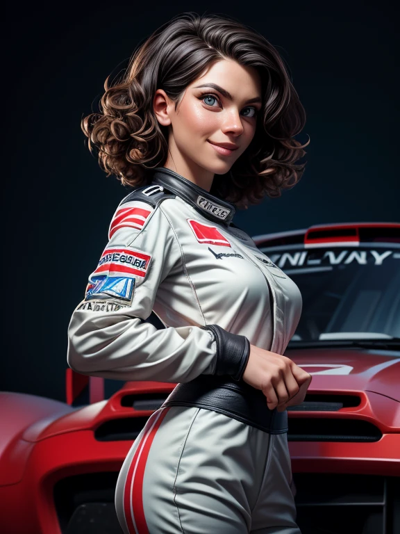 A professional photo shoot of gorgeous Scandinavian short curly hair styled female rally champion in her official rally suit, proud smile, badass rally car background, detailed face, detailed eyes, symmetric eyes, perfect face, shallow depth of field, masterpiece photography work of Annie Leibovitz, professional Lightroom Color grading by Kenneth Hines Jr., Volumetric lighting, ultra-sharp focus