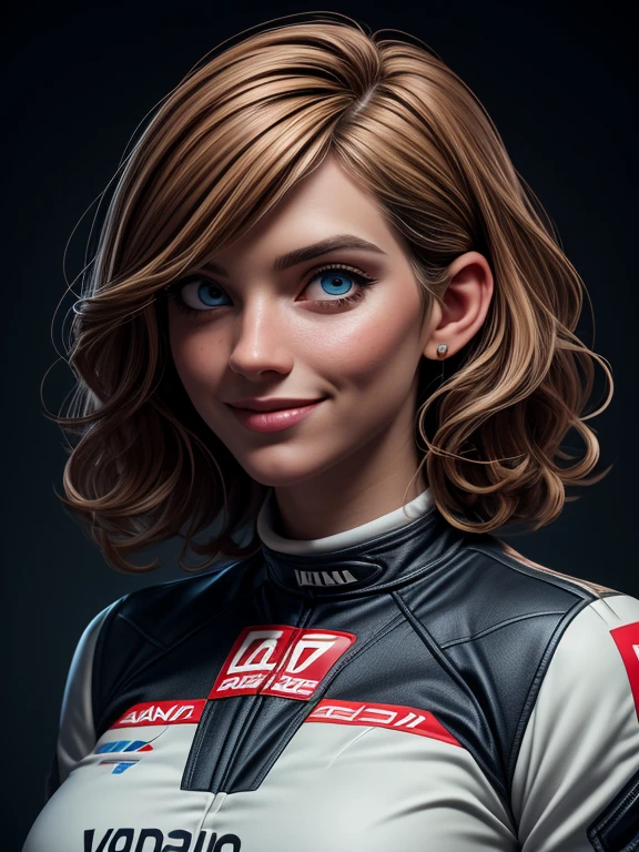 A professional photo shoot of gorgeous Scandinavian short curly hair styled female rally champion in her official rally suit, proud smile, badass rally car background, detailed face, detailed eyes, symmetric eyes, perfect face, shallow depth of field, masterpiece photography work of Annie Leibovitz, professional Lightroom Color grading by Kenneth Hines Jr., Volumetric lighting, ultra-sharp focus