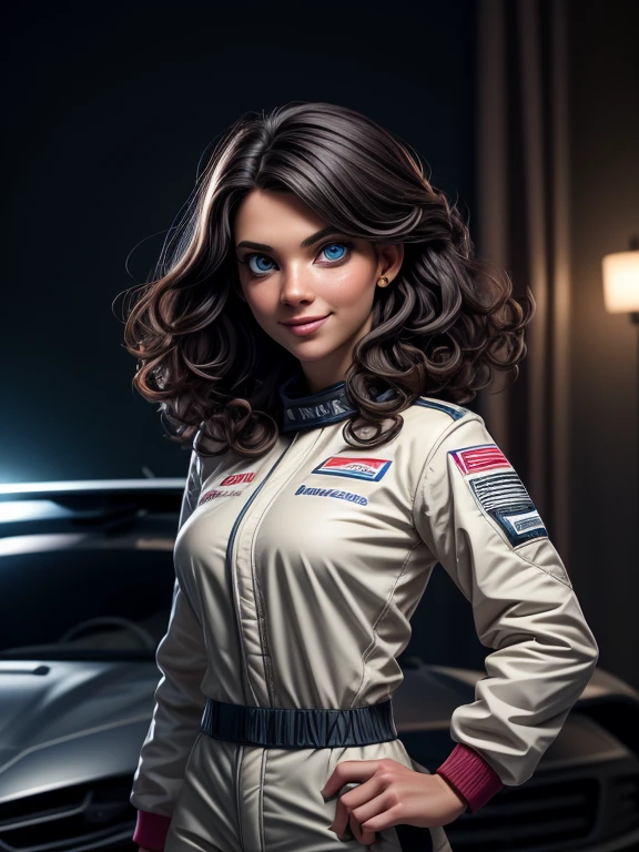 A professional photo shoot of gorgeous Scandinavian short curly hair styled female rally champion in her official rally suit, proud smile, badass rally car background, detailed face, detailed eyes, symmetric eyes, perfect face, shallow depth of field, masterpiece photography work of Annie Leibovitz, professional Lightroom Color grading by Kenneth Hines Jr., Volumetric lighting, ultra-sharp focus