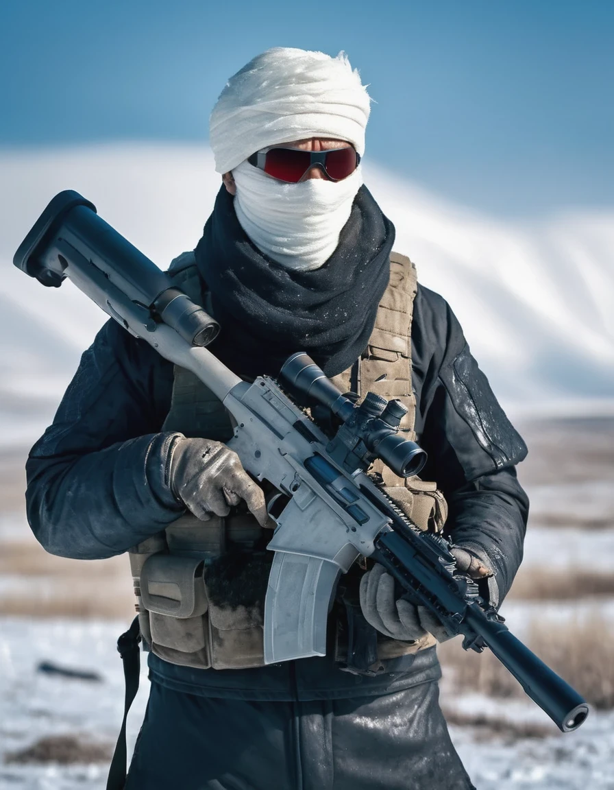 desolate wasteland landscape, futuristic, post-apocalyptic, (handsome swarthy man with M82A1 sniper rifle), looks a lot like Chinese actor Hu Ge), (M82A1 sniper rifle: 1.3), tall, imposing, tough expression, tight-fitting stealth suit, (thick eyebrows and big eyes: 1.1), short silvery-white hair, weather-beaten face, with blood stains, holding a heavy weapon, with bandages wrapped around his head, background: after a nuclear disaster devastated siberian or northeastern snow-covered snowfields.
Cinematography, stills, epic images, super high quality, super detailed, the