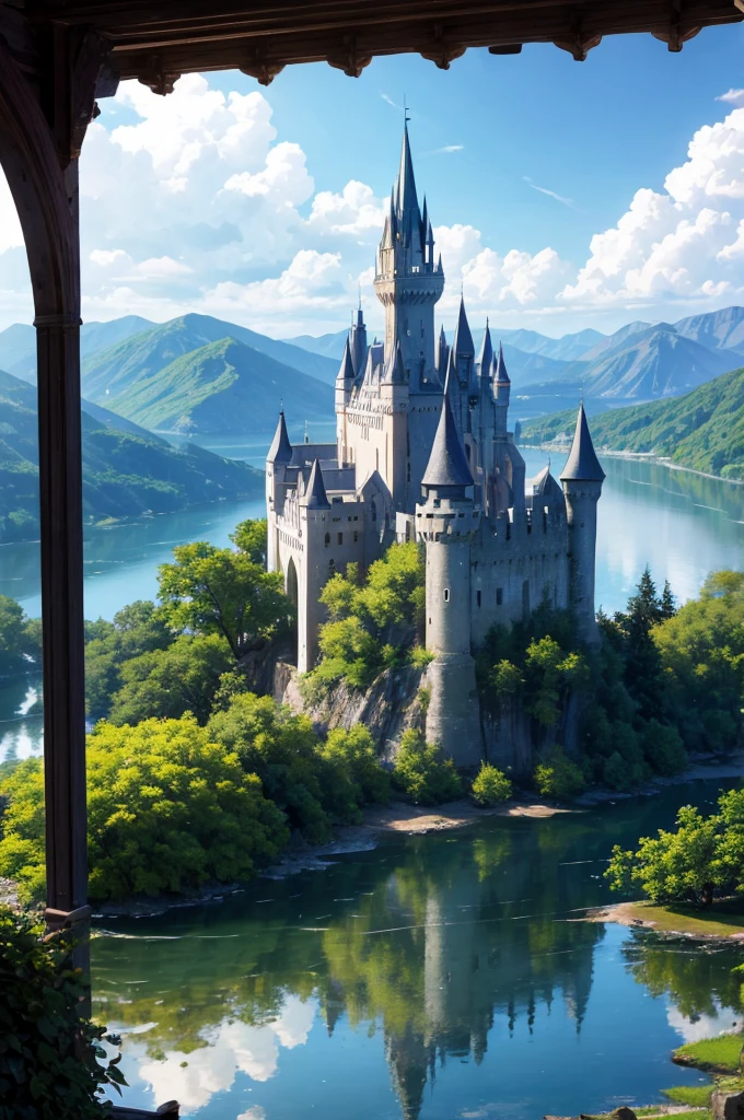 Castle ruins facing the lake, Its reflection falls on the surface of the water，Reflecting its glory days  