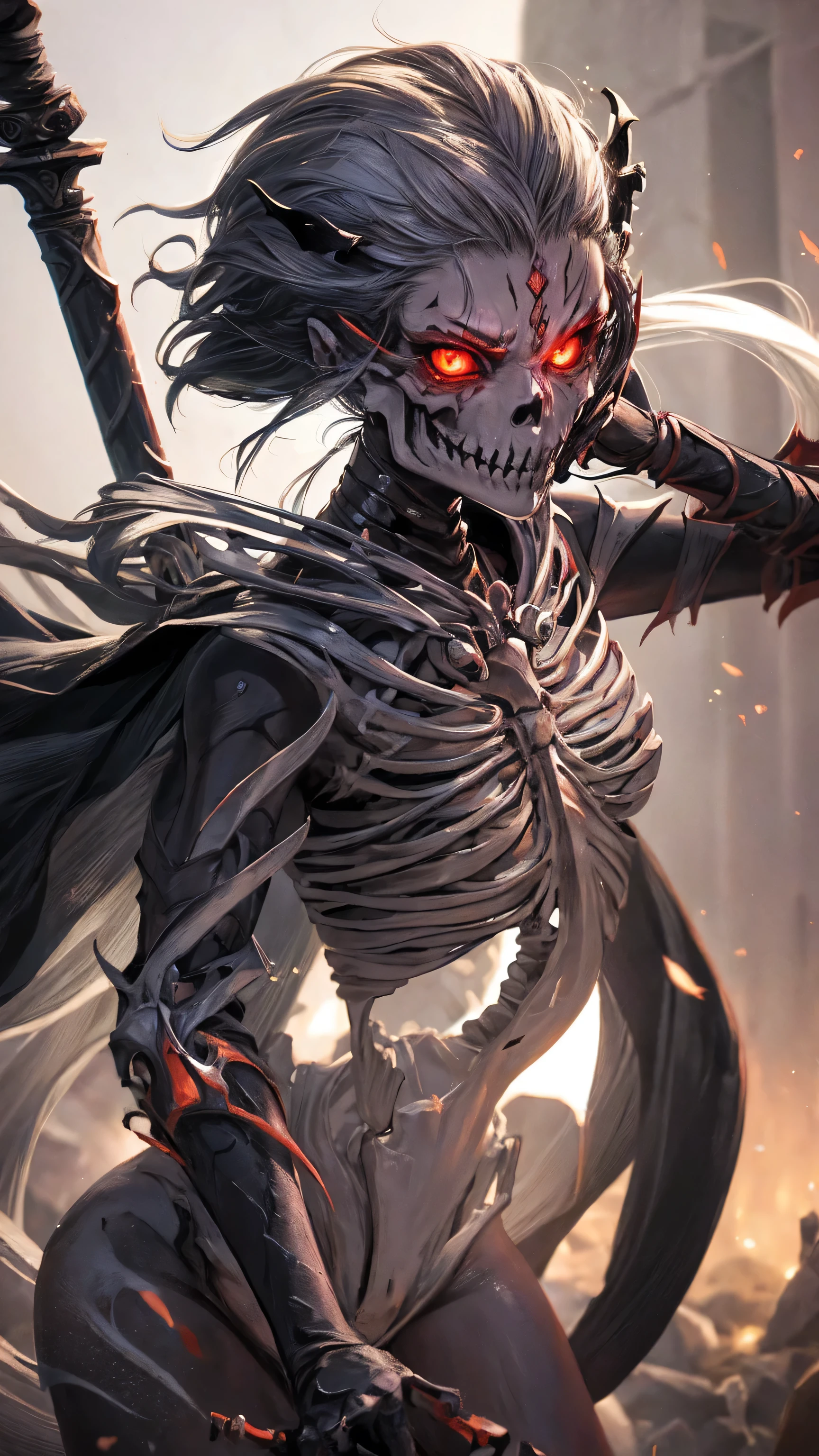 Stunning illustration, zombie multicoloured-Vampire emerges from the darkness with a bloody skeletal, decomposed figure, ahora desgastado y desgarrado. Their pale, decomposed skin shows visible bones and blood in some areas, while muscles and blood, mostly consumed, apenas sostienen su estructura. Sus ojos, una vez vivaces, now they are empty and opaque, surrounded by dark circles that accentuate their macabre nature.El traje, manchado de sangre seca y mugre, cuelga de su cuerpo en jirones, revelando hueso y carne muerta en varios puntos. Aunque su aspecto es espeluznante, Arachnid agility is still discernible in its hunched posture and in the remains of cobwebs clinging to its multicoloured body..paisaje nocturno y siniestro, con una luna llena brillante pero distorsionada, rodeada de nubes ominosas y tormentosas. Faint rays of light filter through the clouds, bathing the zombie with blood multicoloured-Vampire in spectral illumination.