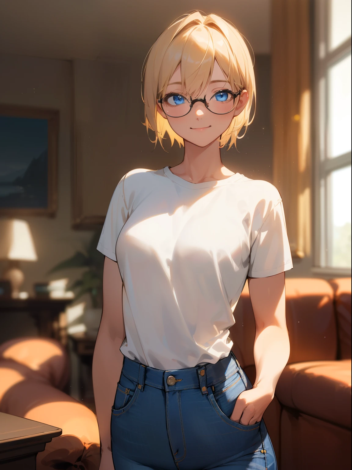 beautiful tall woman, beautiful face, from center, pov, medium bob cut blonde hair, light blue eyes, two points glasses, medium breasts, blue denim jacket, white long pleats skirt, feratio, lustful smiling with breath, my room, pastel 2d art, matte painting, anime, masterpiece