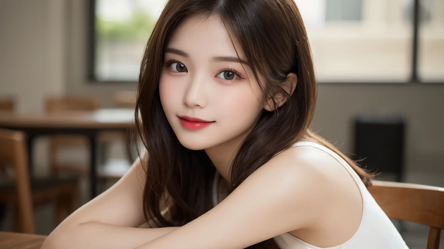on the table, best quality, shape, Super detailed, Finely, high resolution, 8k wallpaper, 完璧なダイナミックな構shape, Beautiful and delicate eyes, Medium Length Hair, Small Breasts, Natural lipstick, Casual sexy pose,Smile,20 year old girl、midnight、Beautiful and detailed face、Perfect beautiful face,big eyes、original photo、Use the whole body to express female posture、Beautiful and delicate eyes、Small face、Beautiful duplex、Facelift and style,skirt、Beautiful golden ratio face,Long hair