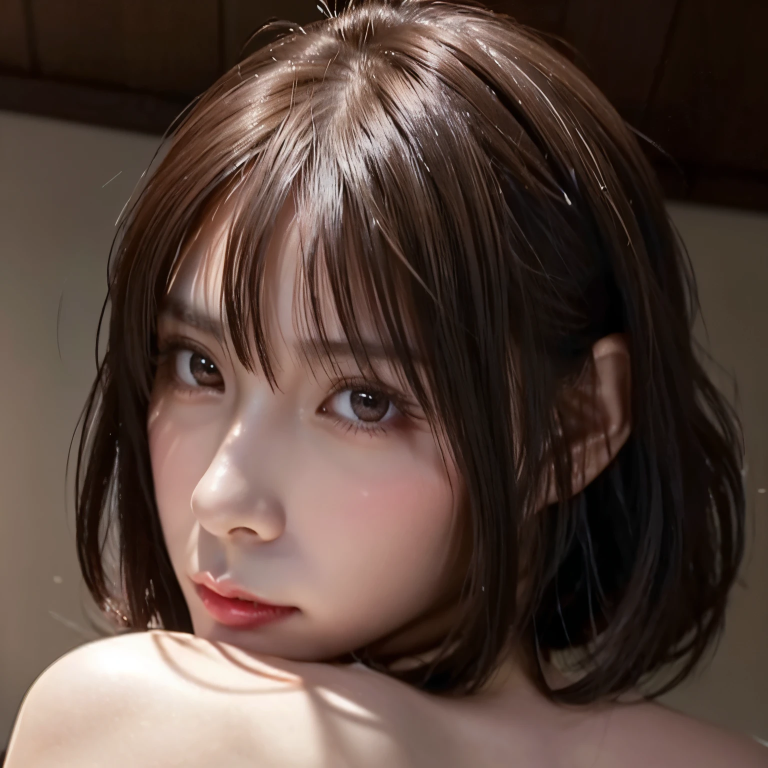 1girl, solo, breasts, blush, looking_at_viewer, short_hair, bangs, black_hair, original, cleavage, medium_breasts, hair_between_eyes, closed_mouth, collarbone, upper_body, nude, indoors, black_eyes, nail_polish, lips, fingernails, eyelashes, makeup, shadow, crossed_arms, spiked_hair, covering, red_nails, covering_breasts, tiles, against_wall, bathroom, tile_wall