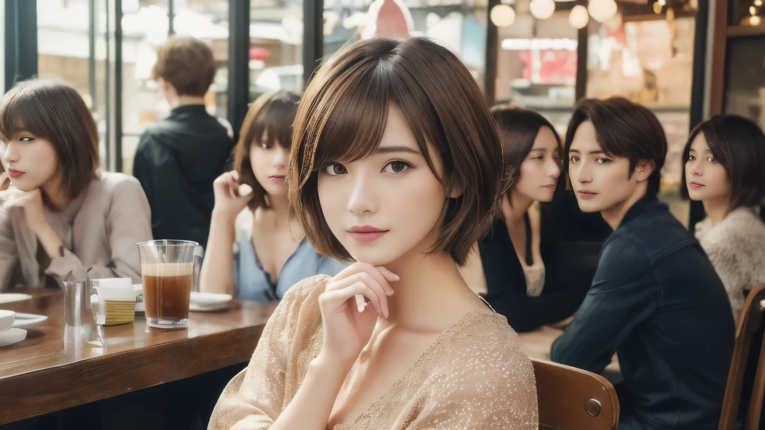 super high quality, Fashion Model, Short Hair, Slender, (8k、RAW Photos、highest quality、masterpiece:1.2), Japanese Idol, Serious expression, Shaggy, Brown Hair, Stylish café, Fashion magazine shooting, The cafe is crowded with people enjoying themselves., (Realistic、Photorealistic:1.37), Beautiful Face , Urban Cafe, Small breasts, A gentle gaze, Spring Clothes, Neat clothes