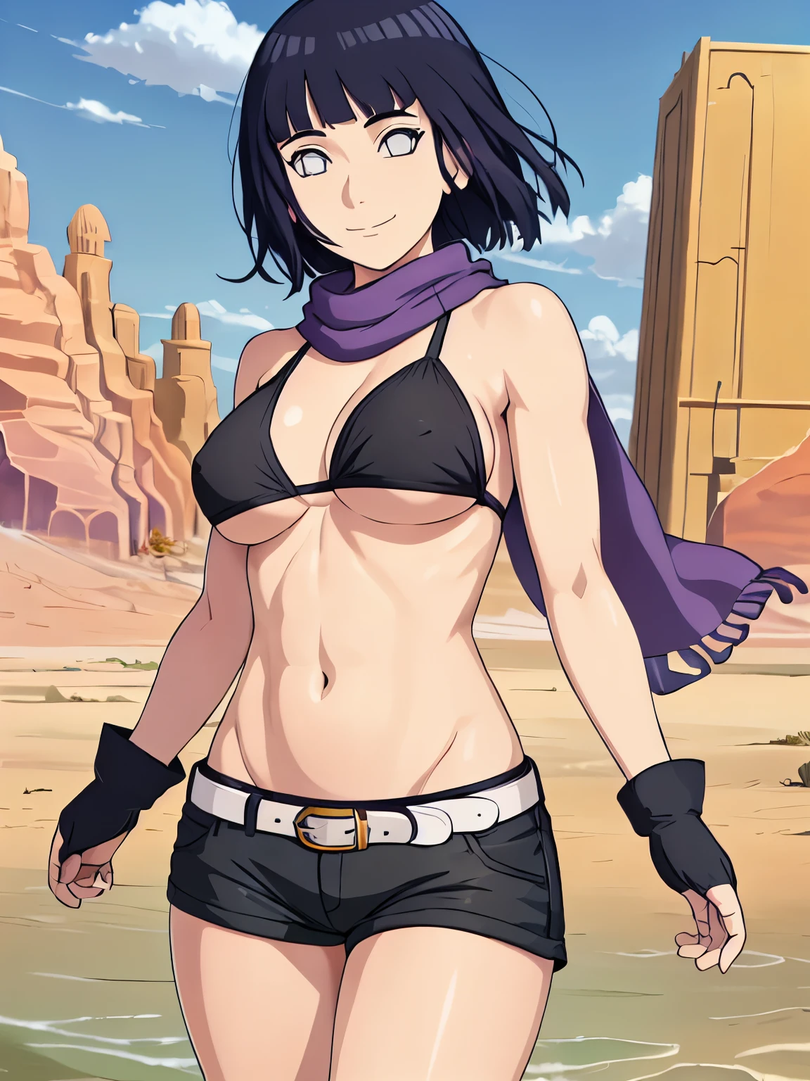 (hinata\(boruto\), (high quality, anime, heroine, gorgeous smile, slim body), ((black cotton bikini top)), ((fingerless gloves, black shorts with belt, black scarf)), (looking at the camera, curvy body, (very slim belly), extremely slim waist, off-shoulders, (medium-big breasts, visible under boobs), slim arms, little biceps, groin lines, little biceps, smile with closed mouth), (posing in photoshoot), pale skin, ((floating hair, dark blue, short hair, hime cut، loose hair), (location: desert with buildings)