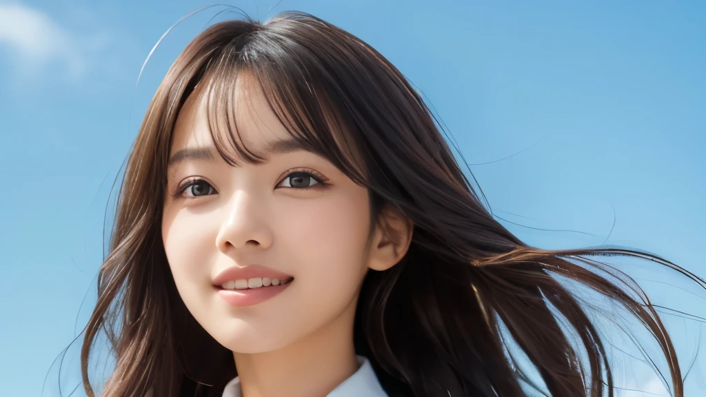 (Realistic: 1.4), (highest quality: 1.4), (Fine grain), Full body shot, ((Under the blue sky)), ((Looking up at the sky)), ((One young woman)), Black wavy hair, ((Recruitment suits)), Wide eyes, Blushed face, ((smile)), Highly detailed face and skin texture, Healthy Skin, 8k resolution