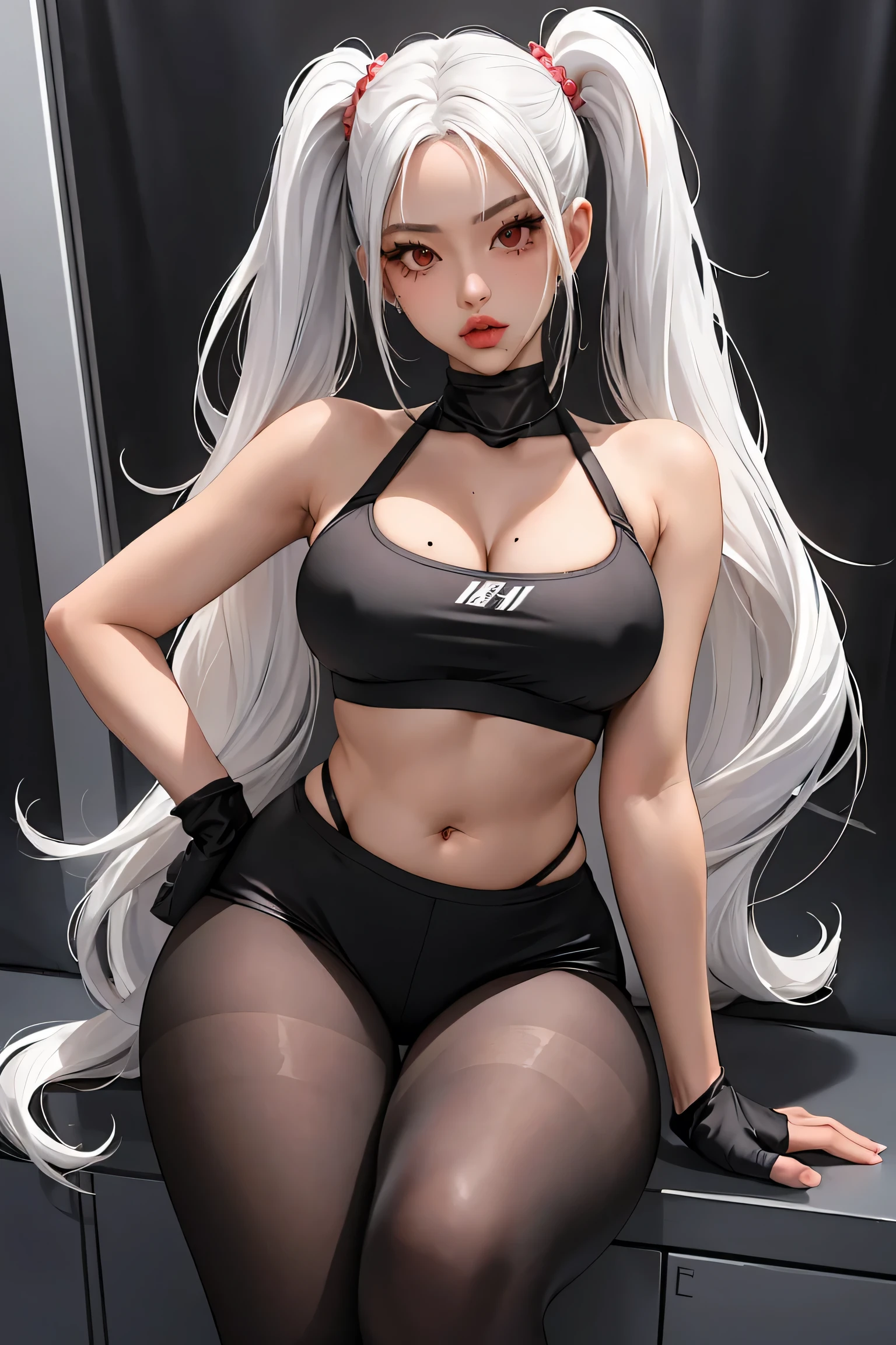 (1girl), red eyes, mature, mole onder eye,white hair, pigtails, long hair,, x ornament, big lips, pretty lips, ((gyaru)), gyaru hairstyle,good hips and long legs, hourglass shape, pretty face with arms and legs, 2 4 year old female model, sporty, photo of slim girl model, black pantyhose, black gloves, sports bra, jewelry, shorts, J thighs. drills, asymmetrical hair, big , anime