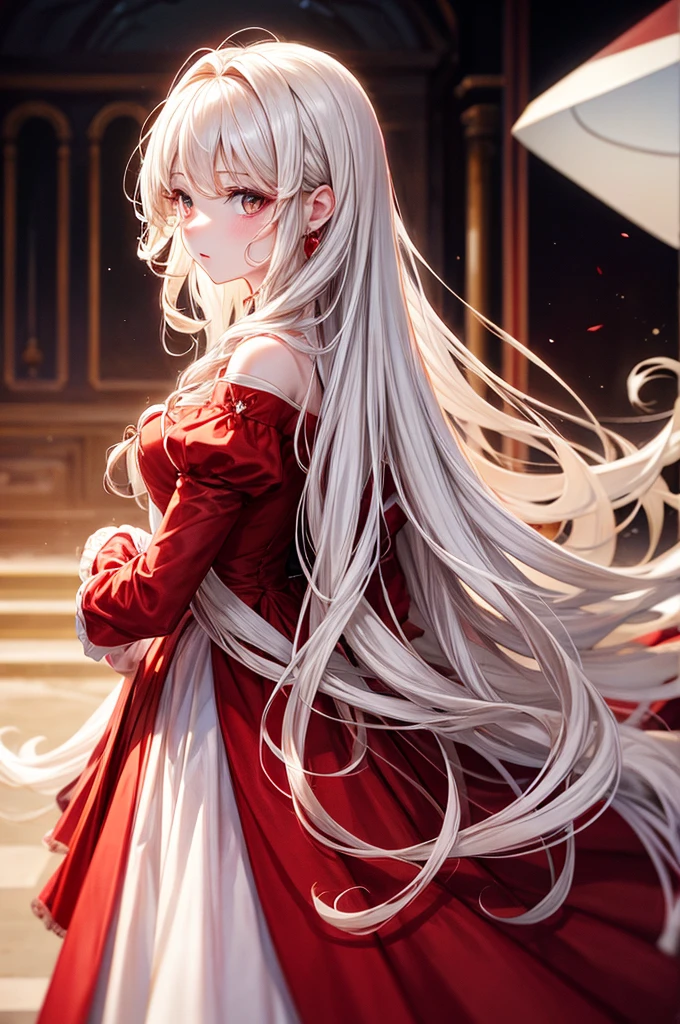 [White skin woman:1.2, Long curly hair:1.2, Elegant red dress, Collapsed nose, Bright brown eyes], portrait, VSCO filters: C8)
