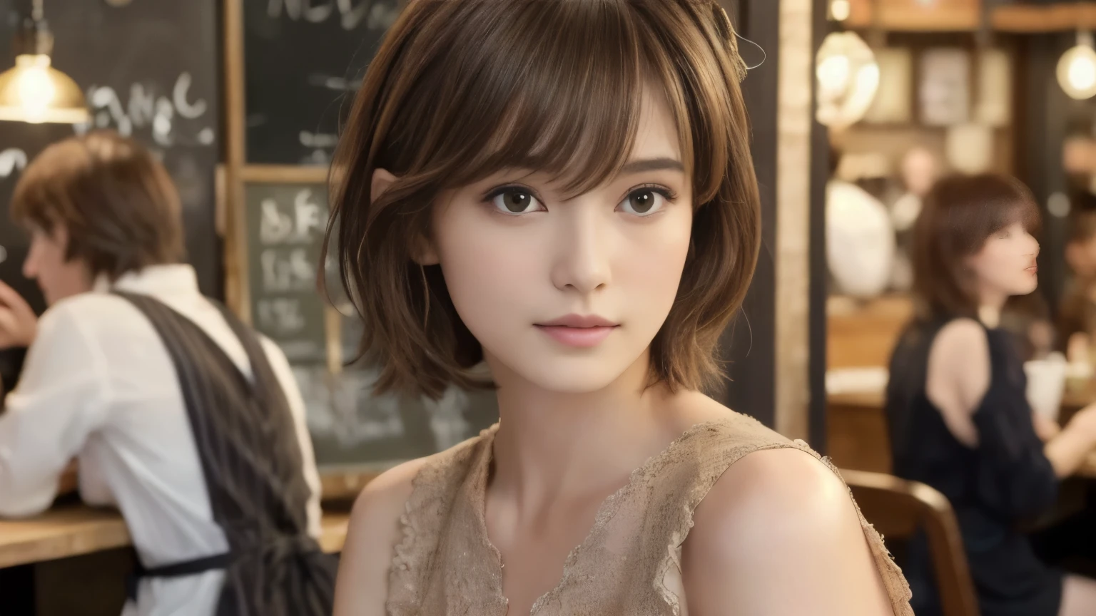 super high quality, Fashion Model, Short Hair, Slender, (8k、RAW Photos、highest quality、masterpiece:1.2), Japanese Idol, Serious expression, Shaggy, Brown Hair, Stylish café, Fashion magazine shooting, The cafe is crowded with people enjoying themselves., (Realistic、Photorealistic:1.37), Beautiful Face , Urban Cafe, Small breasts, A gentle gaze, Spring Clothes, Neat clothes