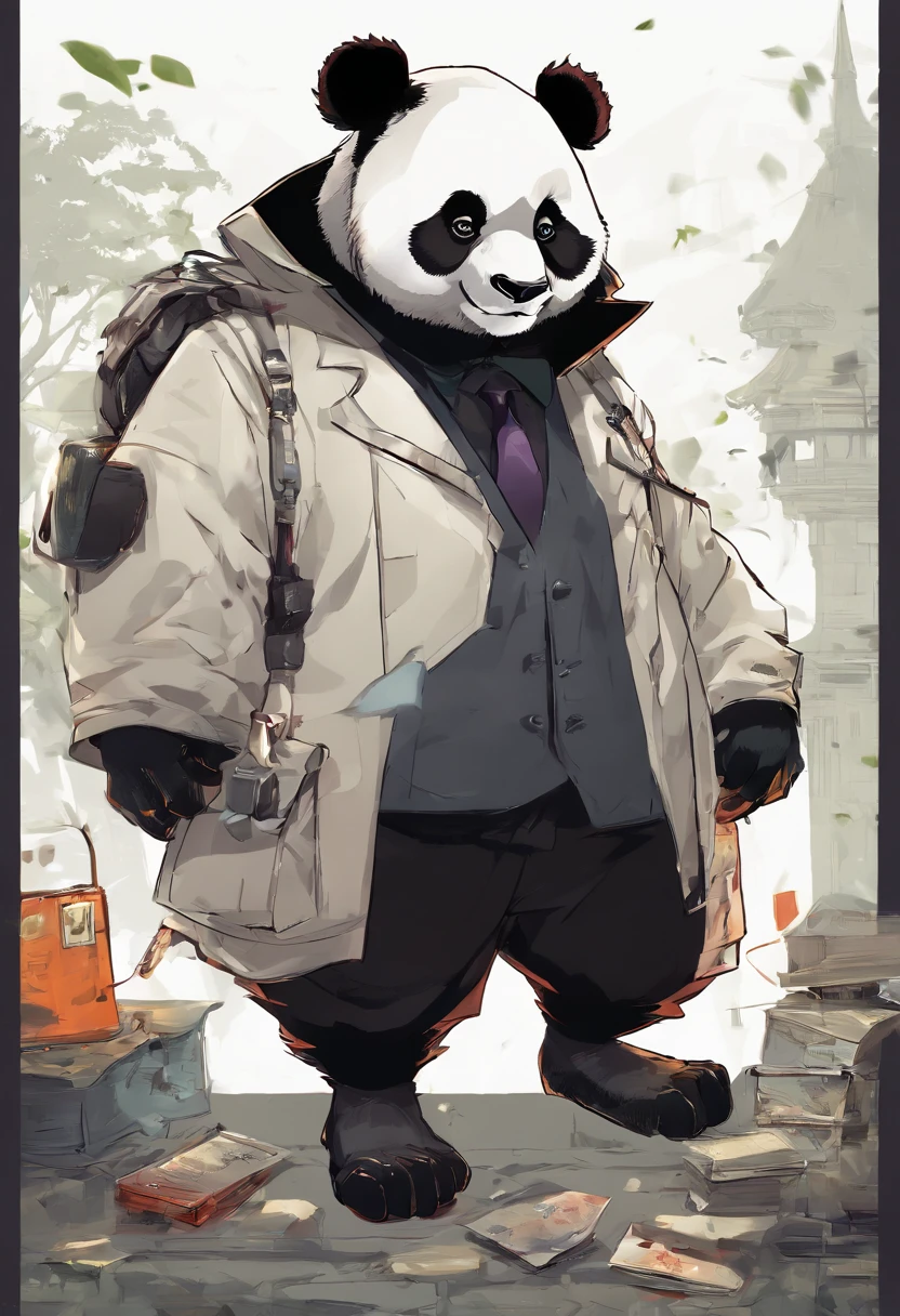 anthropomorphic panda, de cuerpo entero, vestido formalmente con un blazer, sostiene una bandeja, pegatina de panda, sticker de panda.