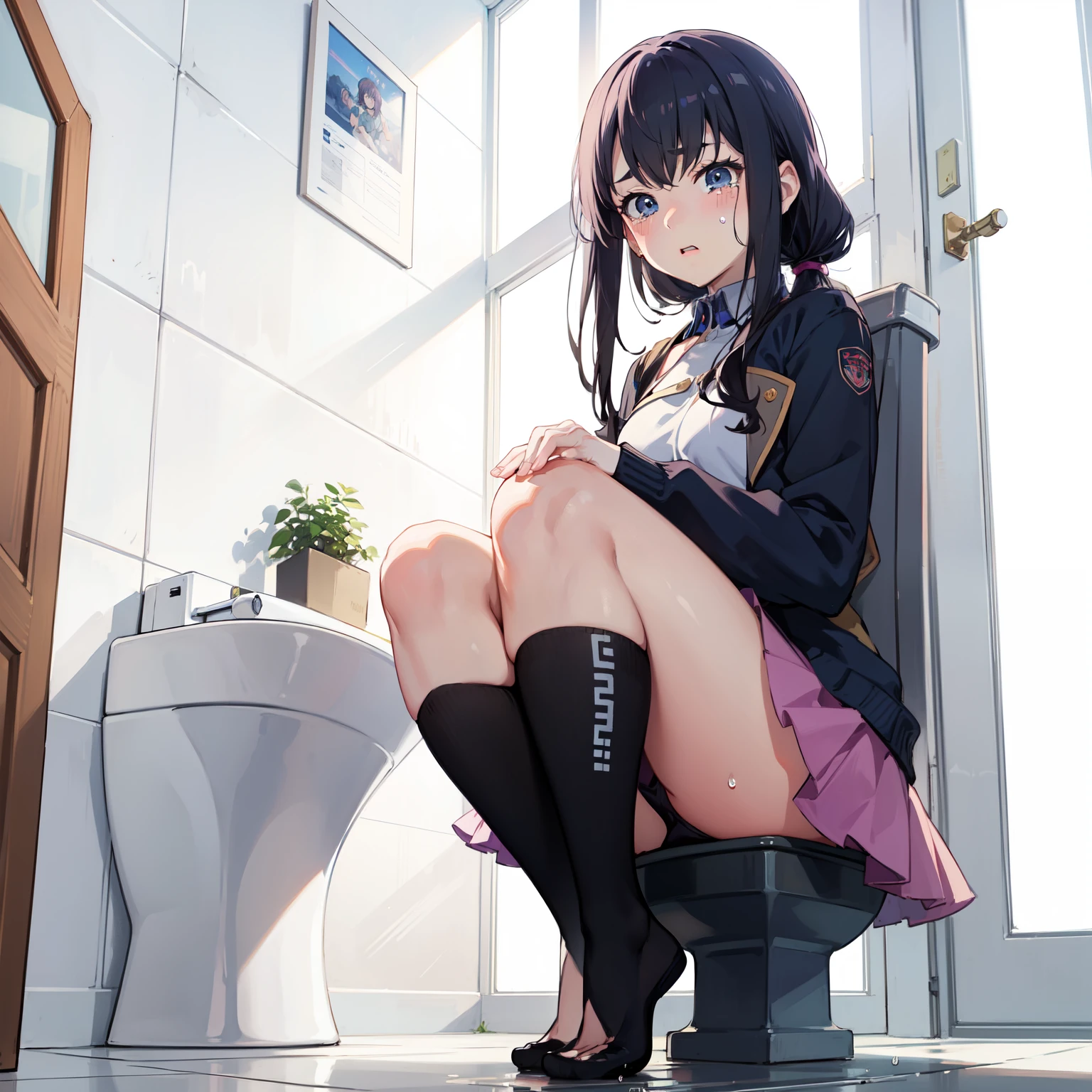 (Embarrassing)、(Blushing)、(とてもAre crying顔)、個室toilet内、Anime girl sitting on the toilet, Anime Moe Art Style, Beautiful Anime Girls, Cute girl anime visuals, so beautiful, Cute Anime Girl, Anime girl crouching, Anime Girl, Young Anime Girl,, Realistic anime art style、toilet、場所はtoilet、ponytail、Black Hair、Are crying、Soaking wet from the waist down、You'll be able to see your feet better、The color of the underwear is light blue、Water dripping from the crotch、I'm wet from the waist down、Are crying、個室toilet内、Anime girl sitting on the toilet, Anime Moe Art Style, Beautiful Anime Girls, Cute girl anime visuals, so beautiful, Cute Anime Girl, Anime girl crouching, Anime Girl, Young Anime Girl,, Realistic anime art style、toilet、場所はtoilet、ponytail、Black Hair、Are crying、Soaking wet from the waist down、You'll be able to see your feet better、The color of the underwear is light blue、Water dripping from the crotch、I'm wet from the waist down、Are crying、The clothes you are wearing are a uniform.、((Are crying))、shy