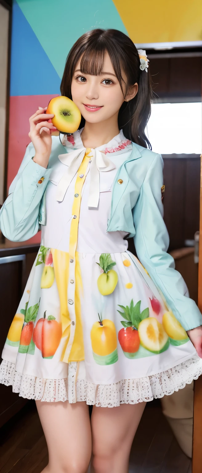 Idol girl covered in fresh fruit、whole body、Good style、、、Colorful Fruit Mini Dress、、Cute fruit jacket、、Filled with lots of fruit
