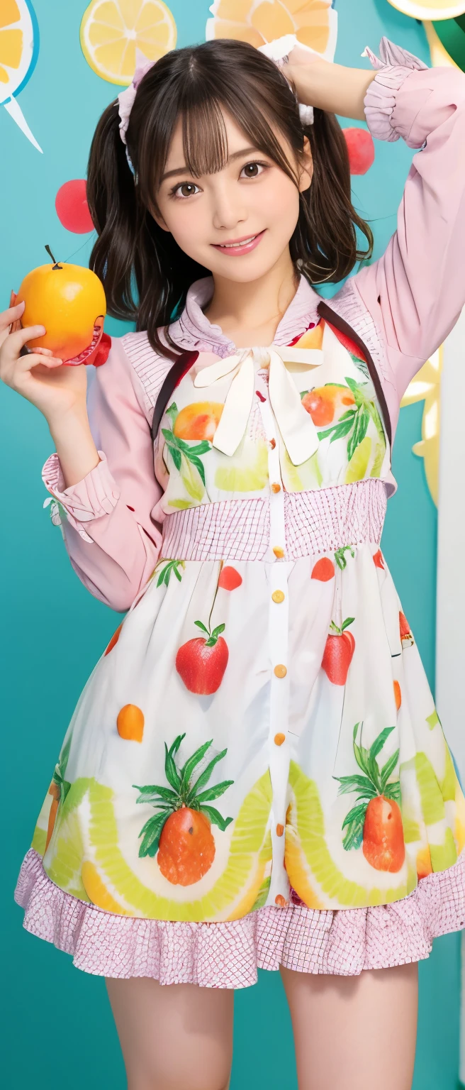 Idol girl covered in fresh fruit、whole body、Good style、、、Colorful Fruit Mini Dress、、Cute fruit jacket、、Filled with lots of fruit