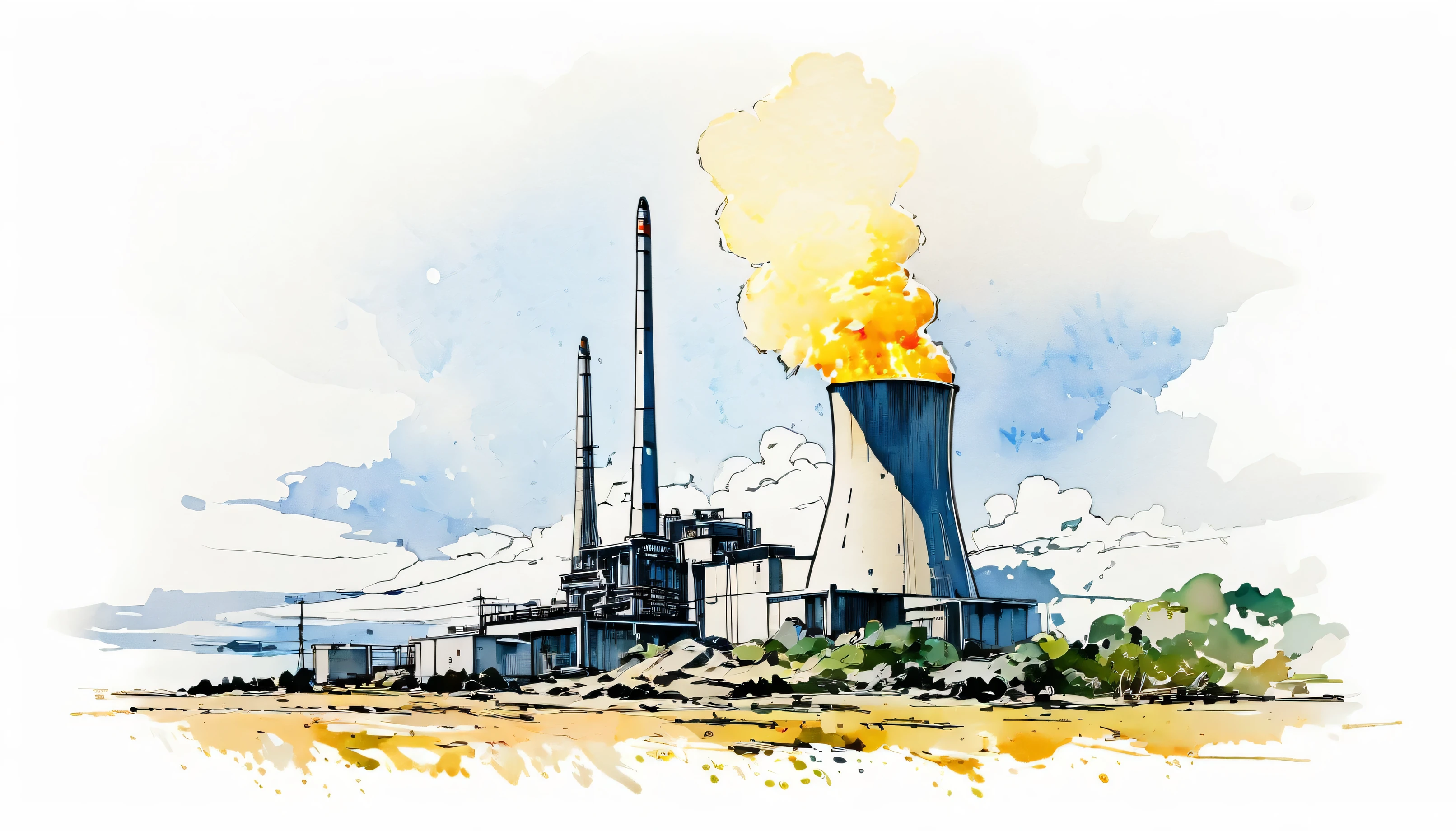 Masterpiece、nuclear powered、Omitted style,Line drawing sketch,Stylish cut, artistic,Scribble style,Clear, bold, thick outlines,,Rough coloring, watercolor painting,