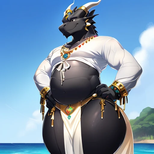 hi res,(((dragon))), (black body ), anthro, , , ((((long loincloth)))), ((((lingerie bikini, s\ex\y bikini, side-tie panties, tiny black thong)))), (((( male, , anthro, slim, skinny, )))), male, , anthro, , slim, Skinny, tail, adults, mature, (((male))), (((((((((solo))))))))) outside, plant, standing, sea, tree, (water), detailed background,by milkytiger1145,by takemoto arashi,by null-ghost, cold atmosphere, open smile, soft blush, , ((((((((wearing white tshirts)))))))), ((((((((( thighs, thick thighs, wide hips, hands on hips))))))))), (((((golden accessory, loincloth accessory, loincloth jewelry, jewels and ornaments for loincloth, s\ex\y loincloth, belly dancer outfit, long pelvic curtain, narrow loincloth)))))