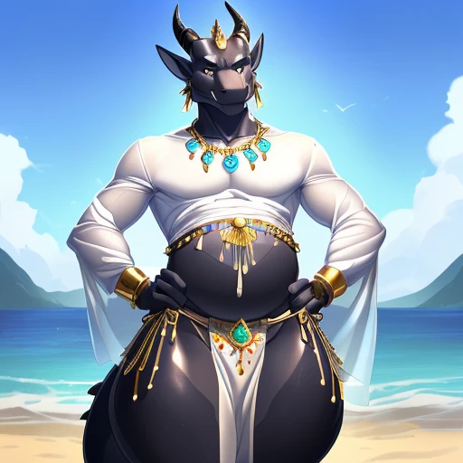 hi res,(((dragon))), (black body ), anthro, , , ((((long loincloth)))), ((((lingerie bikini, s\ex\y bikini, side-tie panties, tiny black thong)))), (((( male,  , anthro, slim, skinny, )))), male, , anthro, , slim, Skinny, tail, adults, mature, (((male))), (((((((((solo))))))))) outside, plant, standing, sea, tree, (water), detailed background,by milkytiger1145,by takemoto arashi,by null-ghost, cold atmosphere, open smile, soft  blush, , ((((((((wearing white tshirts)))))))), ((((((((( thighs, thick thighs, wide hips, hands on hips))))))))), (((((golden accessory, loincloth accessory, loincloth jewelry, jewels and ornaments for loincloth, s\ex\y loincloth, belly dancer outfit, long pelvic curtain, narrow loincloth)))))
