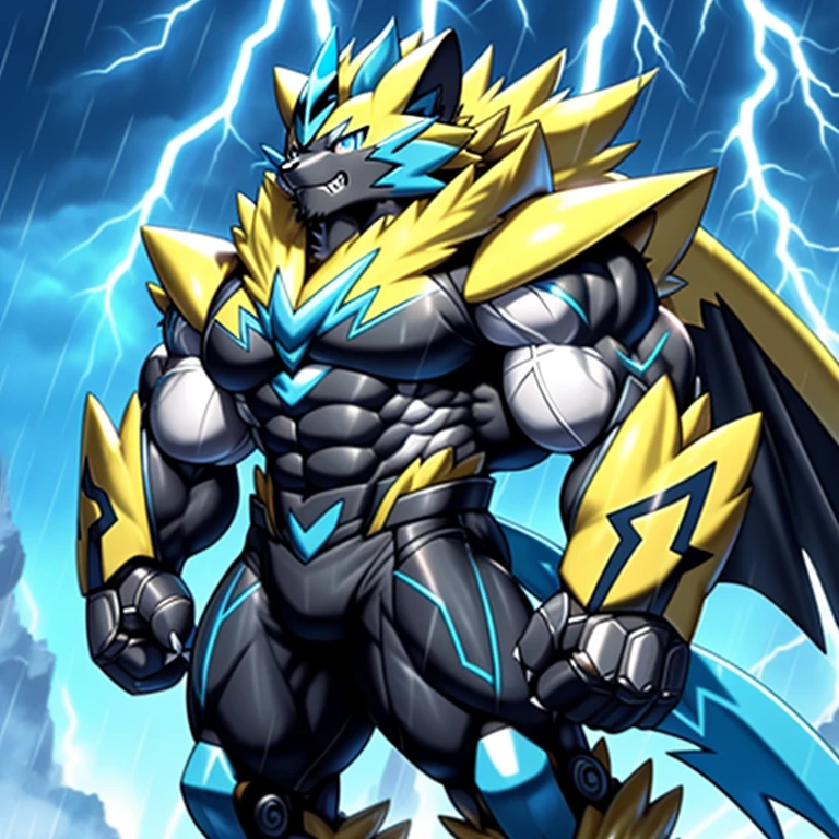 (masterpiece, best quality, detailed:1.2)
(Pokémon)
detailed full body,
Zeraora's giant robot.
Gigantic ZERAORA,
GIANT.
Protecting Zeraora's design and color scheme. scarf, A Zeraora at the bodybuilding competition, thunderstorm, rainy weather, lightning
wears a black cloak on his back.
It has wings.
whole body shines like metal.
Wearing cyberpunk mecha, emphasizes the muscles.
He wears the same armor as himself from head to foot. (emphasizes the muscles.)
suit fully made of metal,
intricate armor, Robotic suit, suit fully made of metal, cyborg,
big muscle.
pecs, triceps,
body full of huge muscles.
unusually developed muscular body,
A Zeraora at the bodybuilding competition,
massive,
huge muscular bodybuilder with extraordinary biceps, pecs, triceps, traps, gigachad, 300 lbs.
The claws are sharp, Sharp teeth,
with huge golden laser sword,