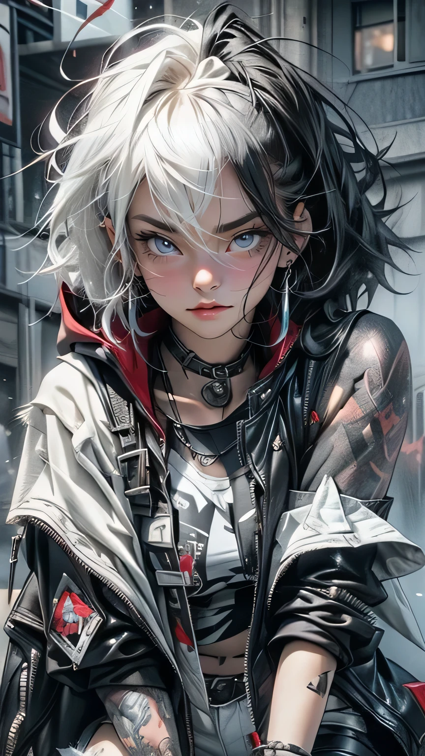 A punk rock version of Snow White, dressed in a rebellious fusion of avant-garde fashions. (standing: 1.2), red cape with hood and ripped mesh details, adorned with punk-inspired patches and brooches. Septum earrings, more calls, tattered dreadlocks, more patches, dirty, torn, anti-union spiked leather jackets, hardcore punk style jackets, punk badges, combat boots tied to legs, Rebellin, Dal, Emo orange, ct- niji2,dal
