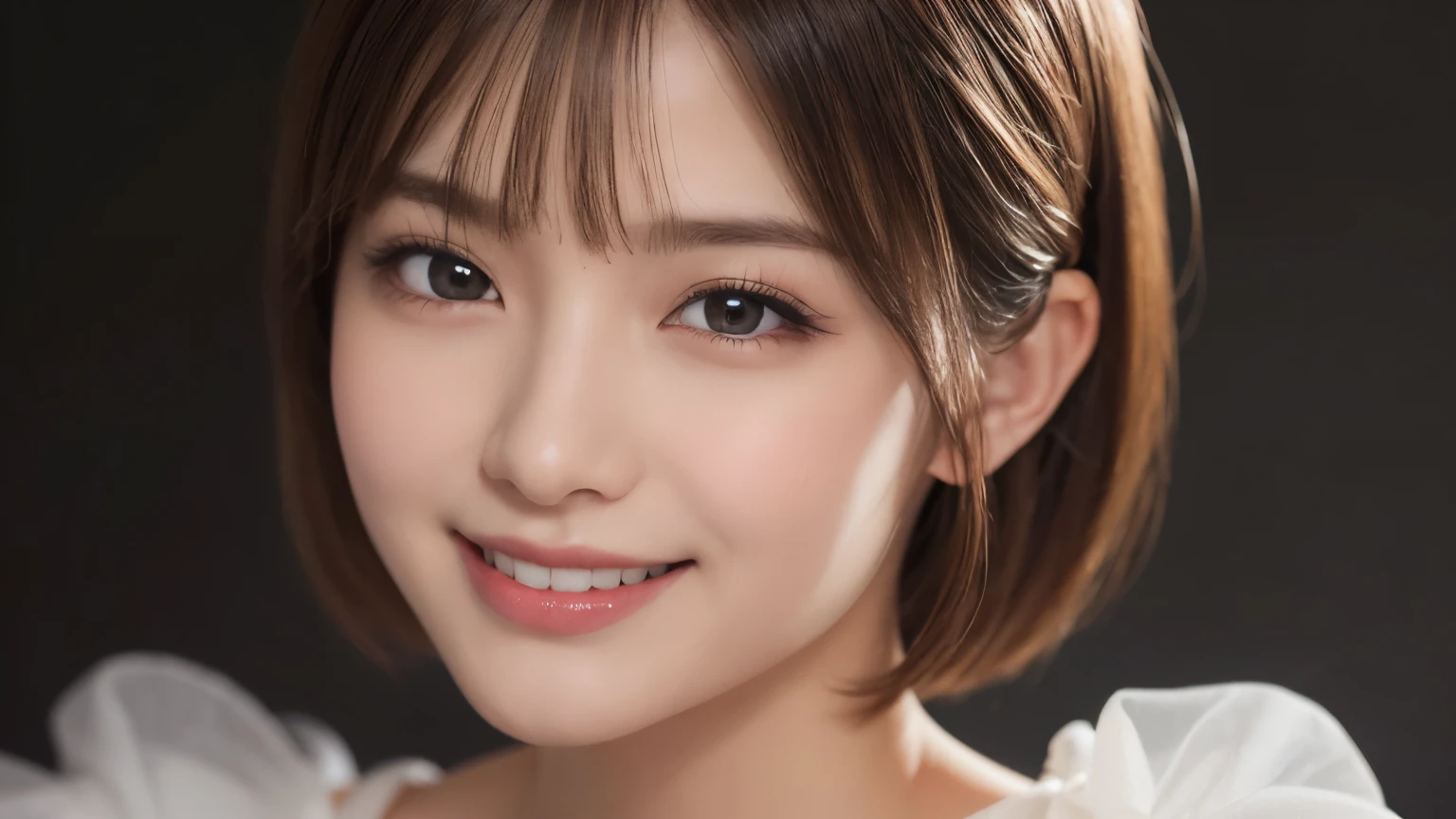 One Girl, (Dress in trendy fashion:1.2), (RAW Photos, highest quality), (Realistic, Photorealistic:1.4), Tabletop, Very delicate and beautiful, Very detailed, 2k wallpaper, wonderful, In detail, Very detailedな CG Unity 8K 壁紙, Very detailedな, High resolution, Soft Light, Beautiful detailed girl, looking at the camera、Very detailedな目と顔, Beautifully detailed nose, Beautiful fine details, short hair, small, High-brand dresses、White background、Background is white、Cinema Lighting, Perfect Anatomy, Slender body, smile,