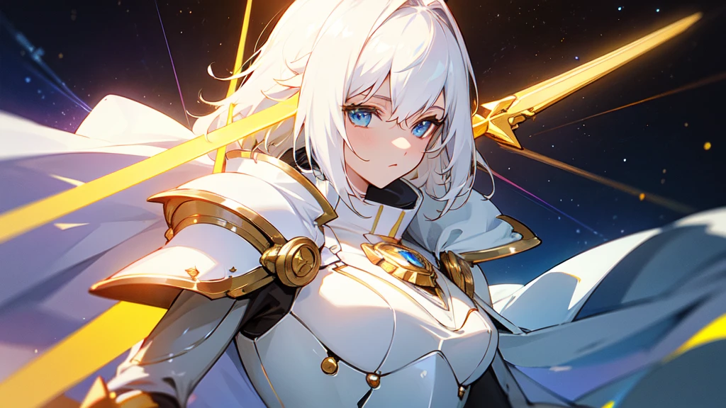 Shiny white armor with attention to detail, Detailed white helmet, A large white sword with great detail, Mysterious golden jewel in the armor, Whitehall in space background, White Aura, White Neon Light