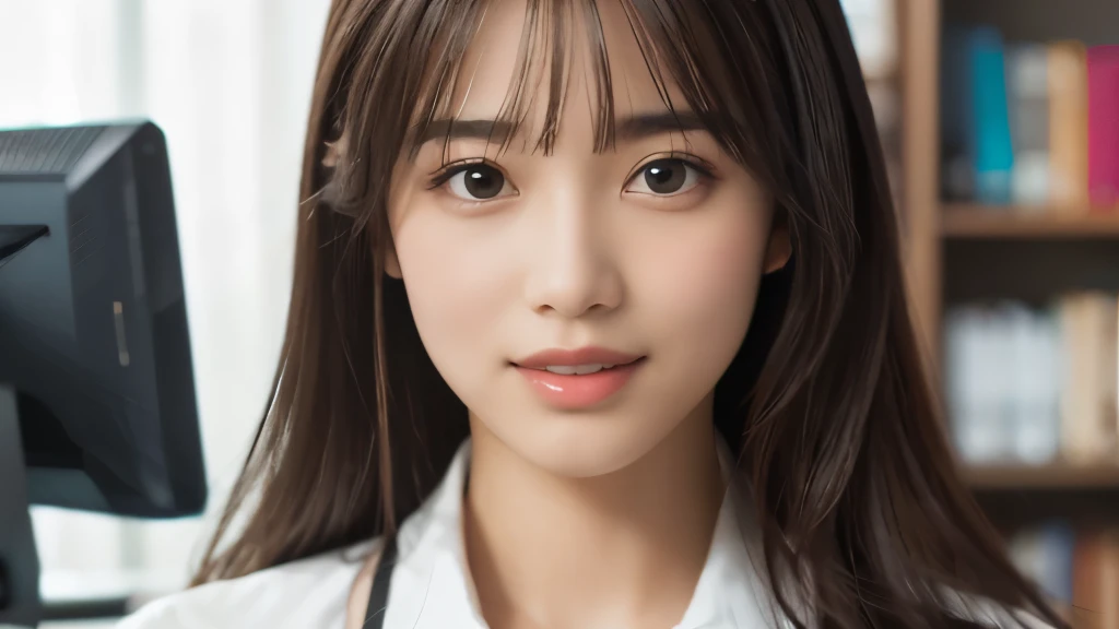 (Realistic: 1.4), (highest quality: 1.4), (Fine grain), Full body shot, ((office)), ((I&#39;m working)), ((One young woman)), Black wavy hair, ((Recruitment suits)), Wide eyes, Blushed face, ((smile)), Highly detailed face and skin texture, Healthy Skin, 8k resolution