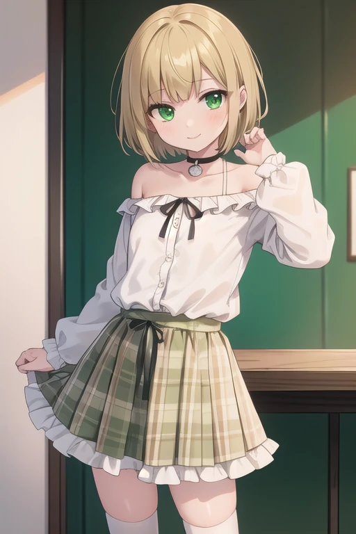 {1boy:1.2}, suzuya aki, nijisanji, virtual youtuber, blonde hair,short hair,bangs,green eyes, choker, off shoulder , white shirt,off-shoulder shirt, long sleeves,black ribbon,loafers,frilled shirt, plaid skirt, frills,{red skirt:1.3}, white socks, kneehighs,otoko no ko,{flat chest:1.3},cowboy shot,masterpiece,best quality,ultra detailed、,Bobcut, (Green Eyes:1.5), Blonde, ,smile,blush,, blush, ,animal_pose　,droopy eyes,big eyes