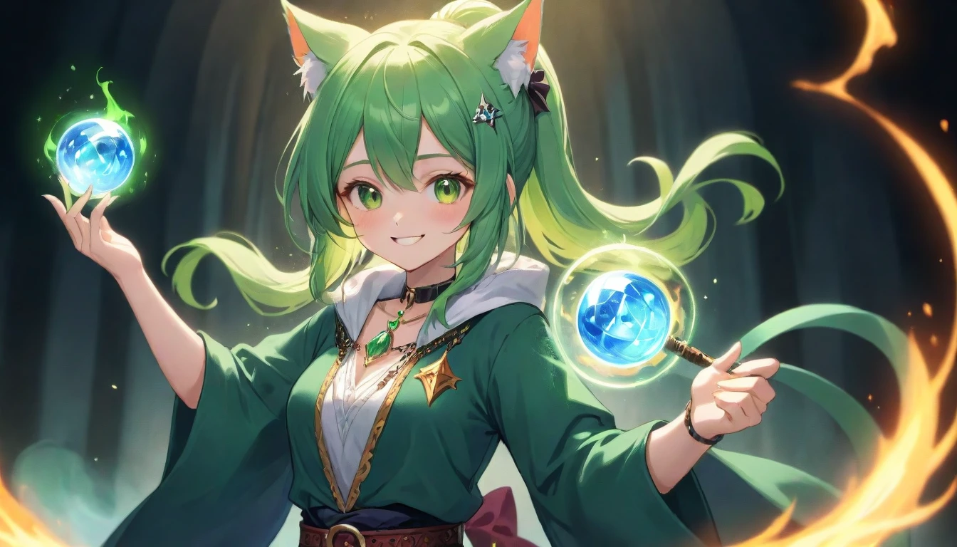 Colorful portrait illustration, (attractive female as a Wizard, ponytail, wear_length_Flowing_green_Complicated_Embroidered_Wizard_Robe), (necklace, Pouch, belt, smile, Very detailed face, masterpiece, highest quality), Very detailed, (In the dungeons), magician_Grams, (A large, glowing circle of runes), Fire and Ice, Casting a Spell, Ultra-high resolution, Cat ears、smile