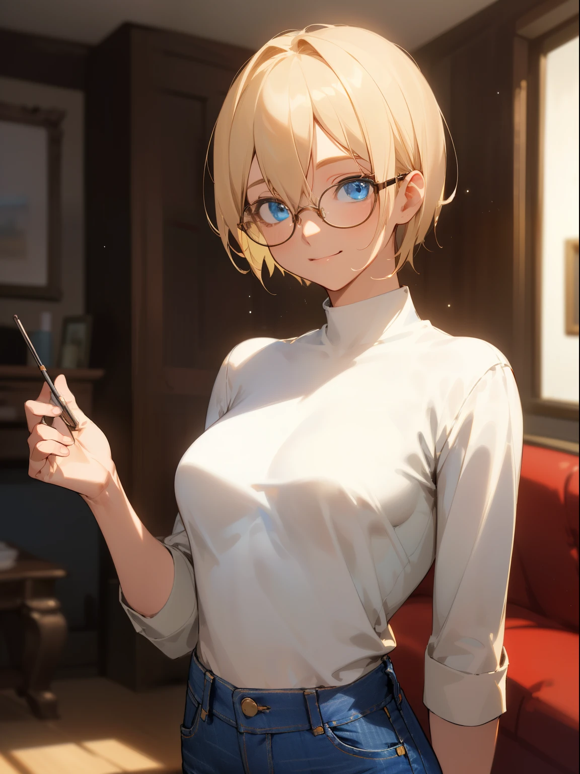 ((1girl)), one beautiful girl, detailed beautiful hair, detailed beautiful eyes, short blonde hair, small breasts, glasses, naked, nude, pubic hair, standing, cowboy shot, cinematic lighting, dramatic lighting,