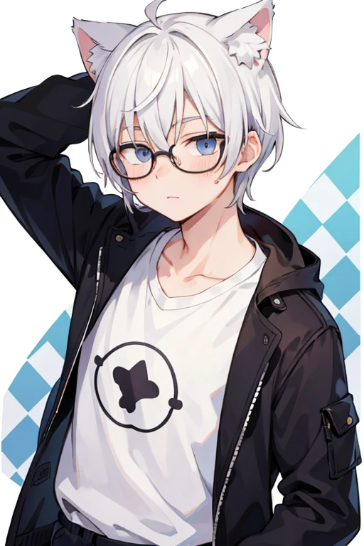 Male 20 to 30 years old with white hair and cat ears, glasses with centered pattern on multi-layered background
