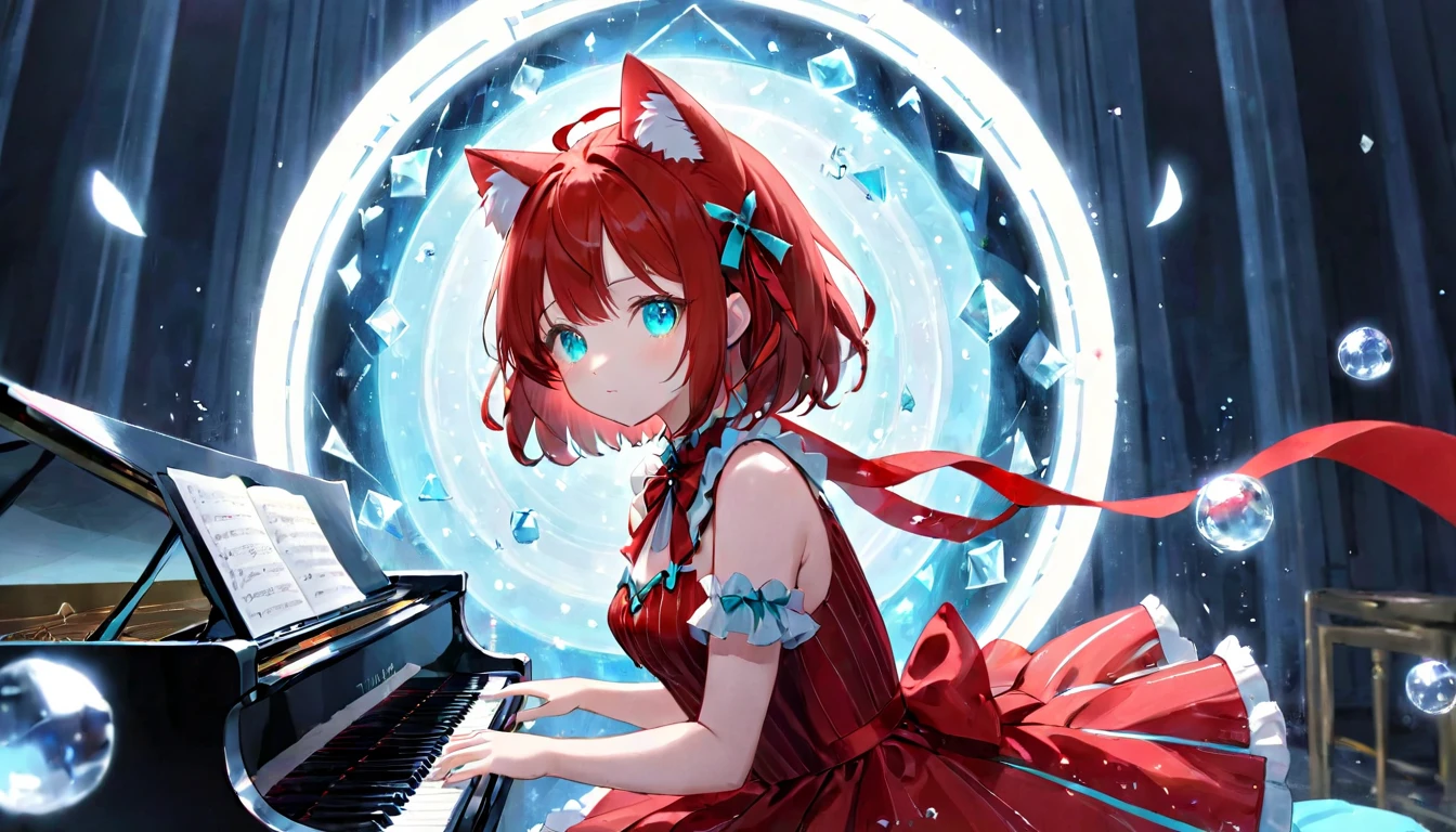 (masterpiece, best quality, very aesthetic, absurdres,general) ,
1girl, solo,、music room、Girl playing classical piano、Cat ear、clear eyes,artificial intelligence,Glowing triangular magic circle,Sad expression,BREAK ,beautiful girl, red cut dress,Turquoise striped pattern, big red ribbon,ribon,crush,Ice