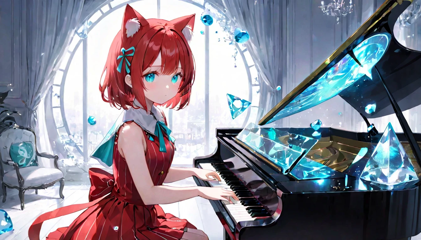 (masterpiece, best quality, very aesthetic, absurdres,general) ,
1girl, solo,、music room、Girl playing classical piano、Cat ear、clear eyes,artificial intelligence,Glowing triangular magic circle,Sad expression,BREAK ,beautiful girl, red cut dress,Turquoise striped pattern, big red ribbon,ribon,crush,Ice