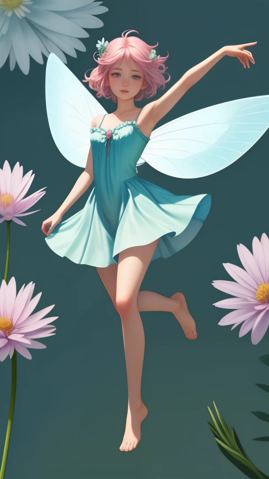 floating fairy above flowers, full body shot, detailed foot, detailed head