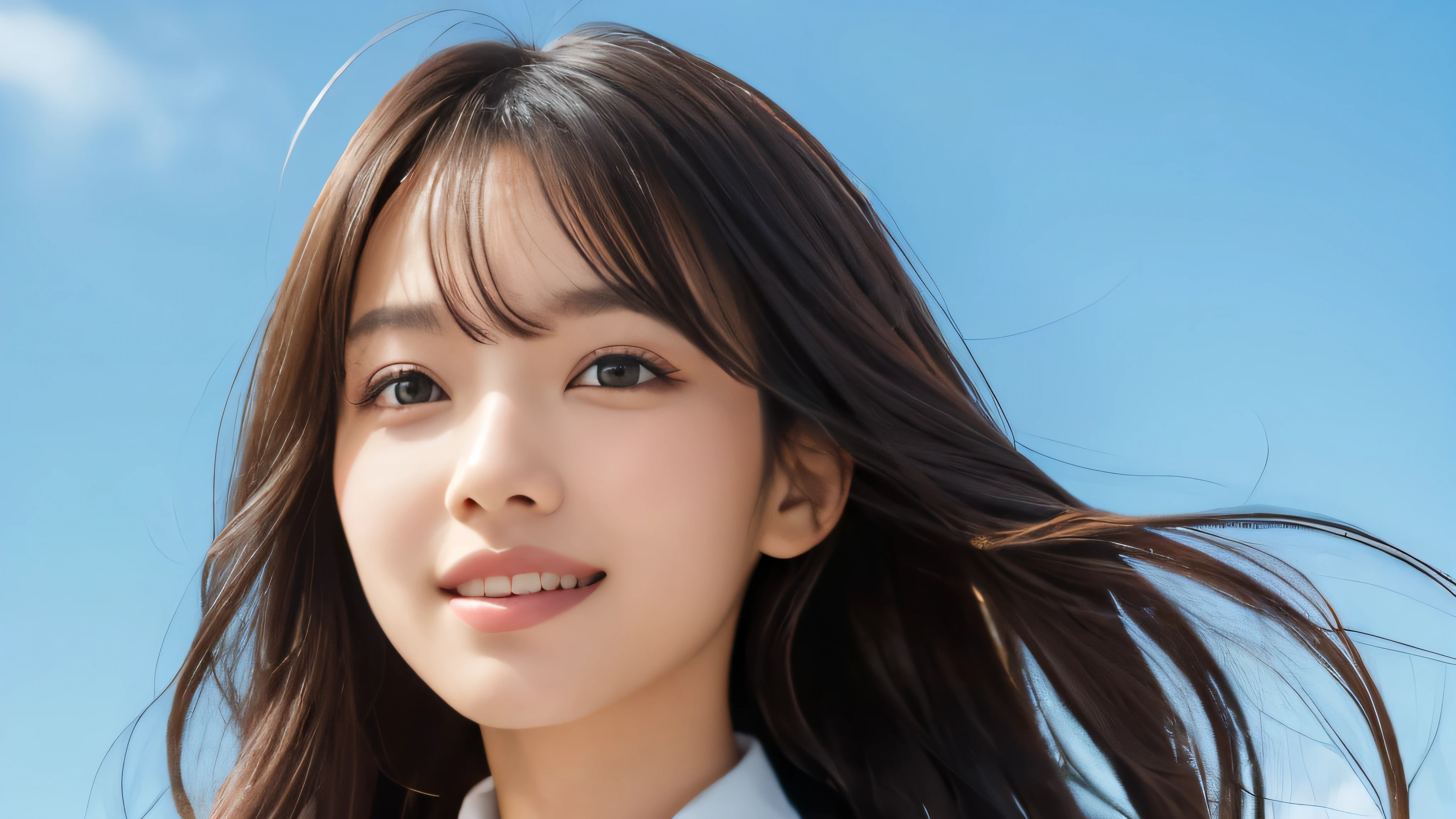 (highest quality,masterpiece:1.3,Ultra-high resolution),(Very detailed,Caustics,8k),(Realistic:1.4,RAW shooting),1 girl,18-year-old,cute,Japanese,Black long hair,(school uniform),(Look at me with a smile),morning,blue sky,sun,Natural light,School Playground,(Front shot),Face Focus,Face close-up,Bust up shot,Low position,Low Angle、Shy expression、Low - Angle、Hair blowing in the wind、
