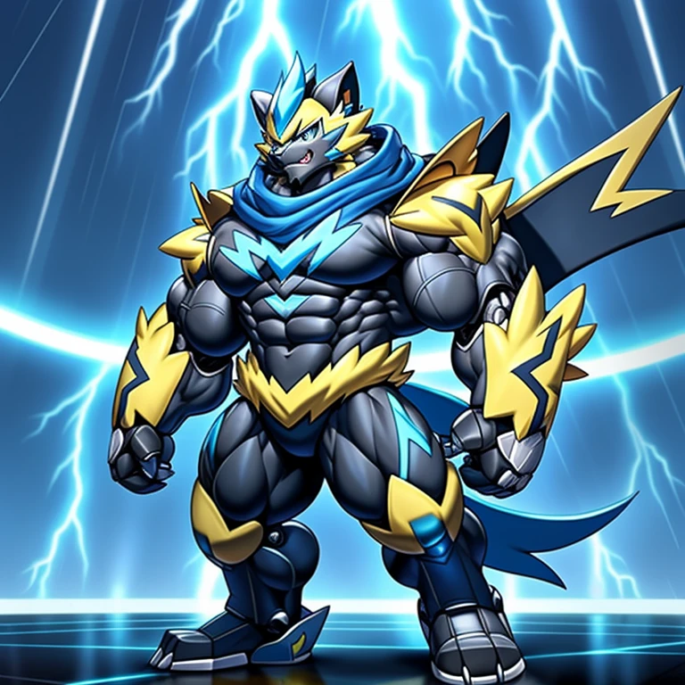 (masterpiece, best quality, detailed:1.2)
(Pokémon)
detailed full body,
Zeraora's giant robot.
Gigantic ZERAORA,
GIANT.
Protecting Zeraora's design and color scheme. scarf, A Zeraora at the bodybuilding competition, thunderstorm, rainy weather, lightning
wears a black cloak on his back.
It has wings.
whole body shines like metal.
Wearing cyberpunk mecha, emphasizes the muscles.
He wears the same armor as himself from head to foot. (emphasizes the muscles.)
suit fully made of metal,
intricate armor, Robotic suit, suit fully made of metal, cyborg,
big muscle.
pecs, triceps,
body full of huge muscles.
unusually developed muscular body,
A Zeraora at the bodybuilding competition,
massive,
huge muscular bodybuilder with extraordinary biceps, pecs, triceps, traps, gigachad, 300 lbs.
The claws are sharp, Sharp teeth,
with huge golden laser sword,