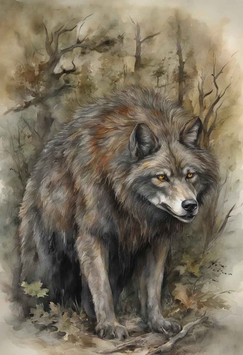 a imagem deve ser de uma figura monstruosa, uma especie de lobo feroz, com dentes grandes, evil gaze and bloody claws. He's coming out of the woods, while other little thirsty wolves are behind him guided by the smell of evil