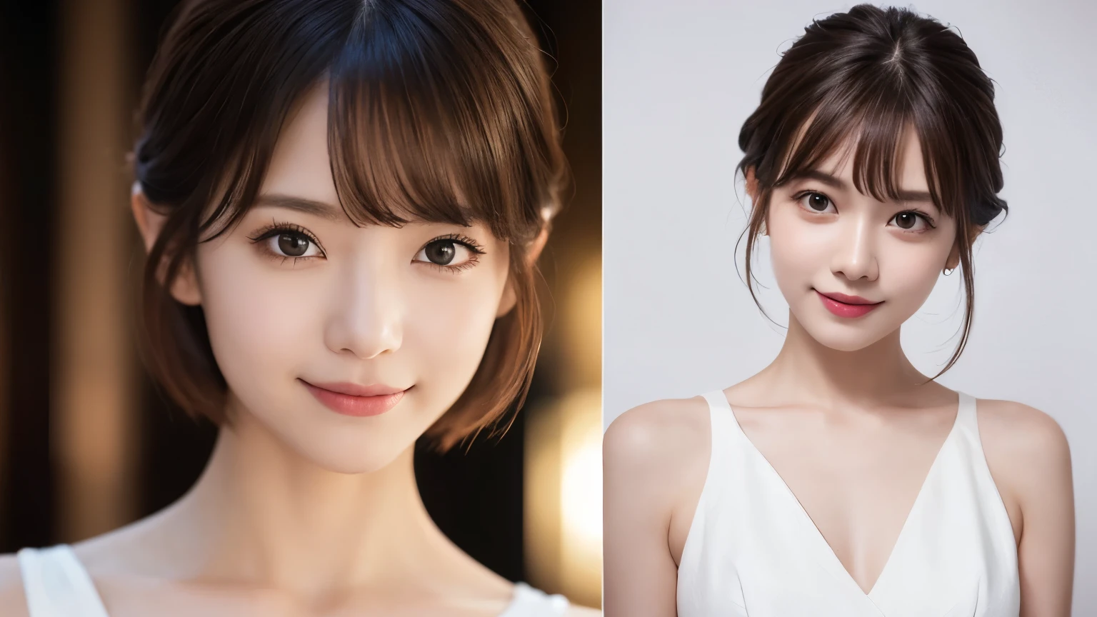 One Girl, (Dress in trendy fashion:1.2), (RAW Photos, highest quality), (Realistic, Photorealistic:1.4), Tabletop, Very delicate and beautiful, Very detailed, 2k wallpaper, wonderful, In detail, Very detailedな CG Unity 8K 壁紙, Very detailedな, High resolution, Soft Light, Beautiful detailed girl, looking at the camera、Very detailedな目と顔, Beautifully detailed nose, Beautiful fine details, short hair, small, High-brand dresses、White background、Background is white、Cinema Lighting, Perfect Anatomy, Slender body, smile, 