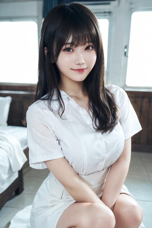 ((highest quality)), (Very detailedな), ((Very detailed)), 4K, (8k), highest quality, (beautiful), Gradation,8k, 18-year-old, 85mm, Official Art, RAW Photos, Absurd, White dress shirt, Pretty face, close, Violet, Gardenias, beautiful Girl, Shirt with holes, Cinch waist, Thighs, Short sleeve, huge , Black Hair Semi-Long, View your viewers, No makeup, (smile), Film Grain, chromatic aberration, Sharp focus, Face Light, Bright lighting, , Detailed face, Bokeh Background, Medium chest,Kneeling pose, white pantie