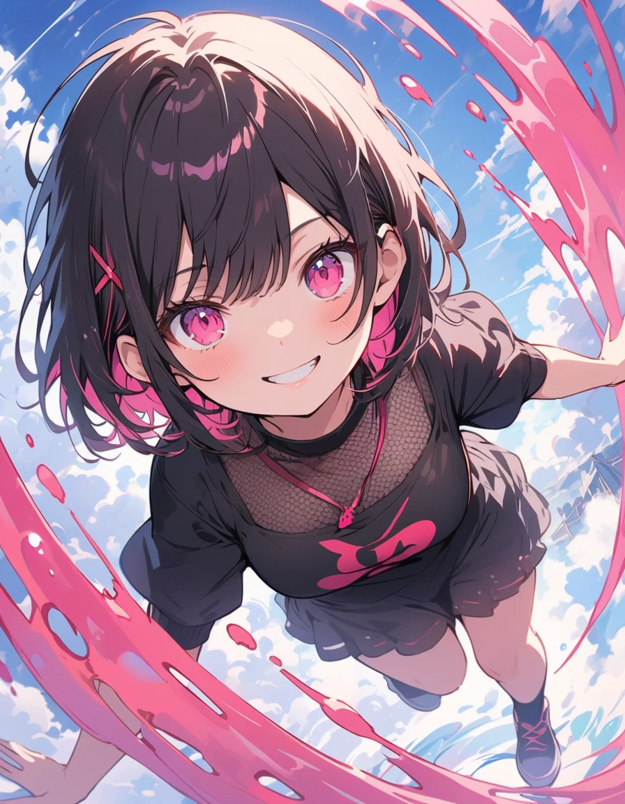 (highest quality、masterpiece、High resolution、detailed)、Anime Style、Flat Style、(Shine目、detailed美しい顔), BREAK,1 girl、(Short Bob Hair、Dark pink hair、Light blue inner color:1.4、mesh:1.2)、Casual Coordination、floating, (High saturation), (Colorful Splash), Colorful bubbles, (Shine), Focus on the face,extremely detailed、floating, (High saturation),(The Shining), Best lighting, Best Shadow、Peck finger, ((masterpiece)), highest quality, One girl, eye shadow, Full Body,Dynamic Angle、 Portraiture,