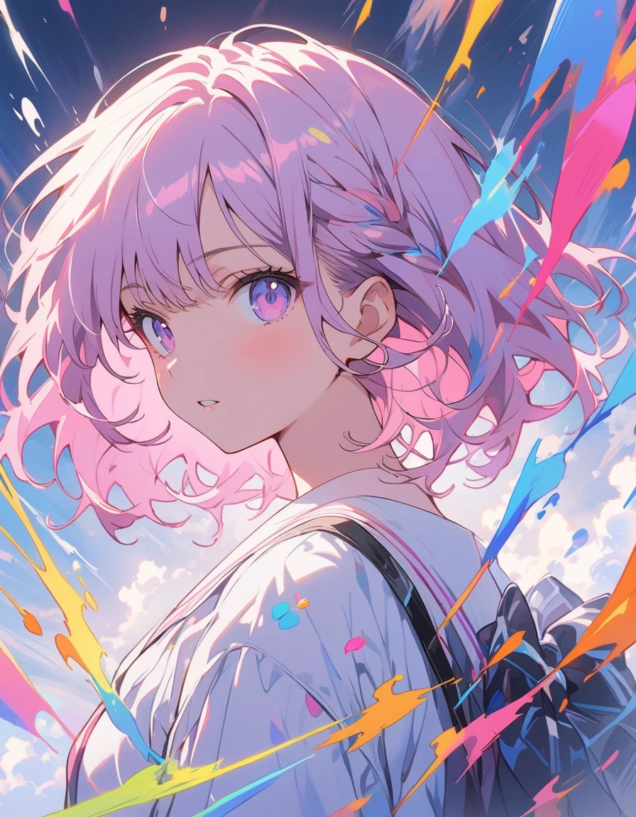 (highest quality、masterpiece、High resolution、detailed)、Anime Style、Flat Style、(Shine目、detailed美しい顔),  BREAK,1 girl、(Short Bob Hair、Dark pink hair、Light blue inner color:1.4、mesh:1.2)、Casual Coordination、floating, (High saturation), (Colorful Splash), Colorful bubbles, (Shine), Focus on the face,extremely detailed、floating, (High saturation),(The Shining), Best lighting, Best Shadow、Peck finger, ((masterpiece)), highest quality, One girl, eye shadow, Full Body,Dynamic Angle、 Portraiture, 