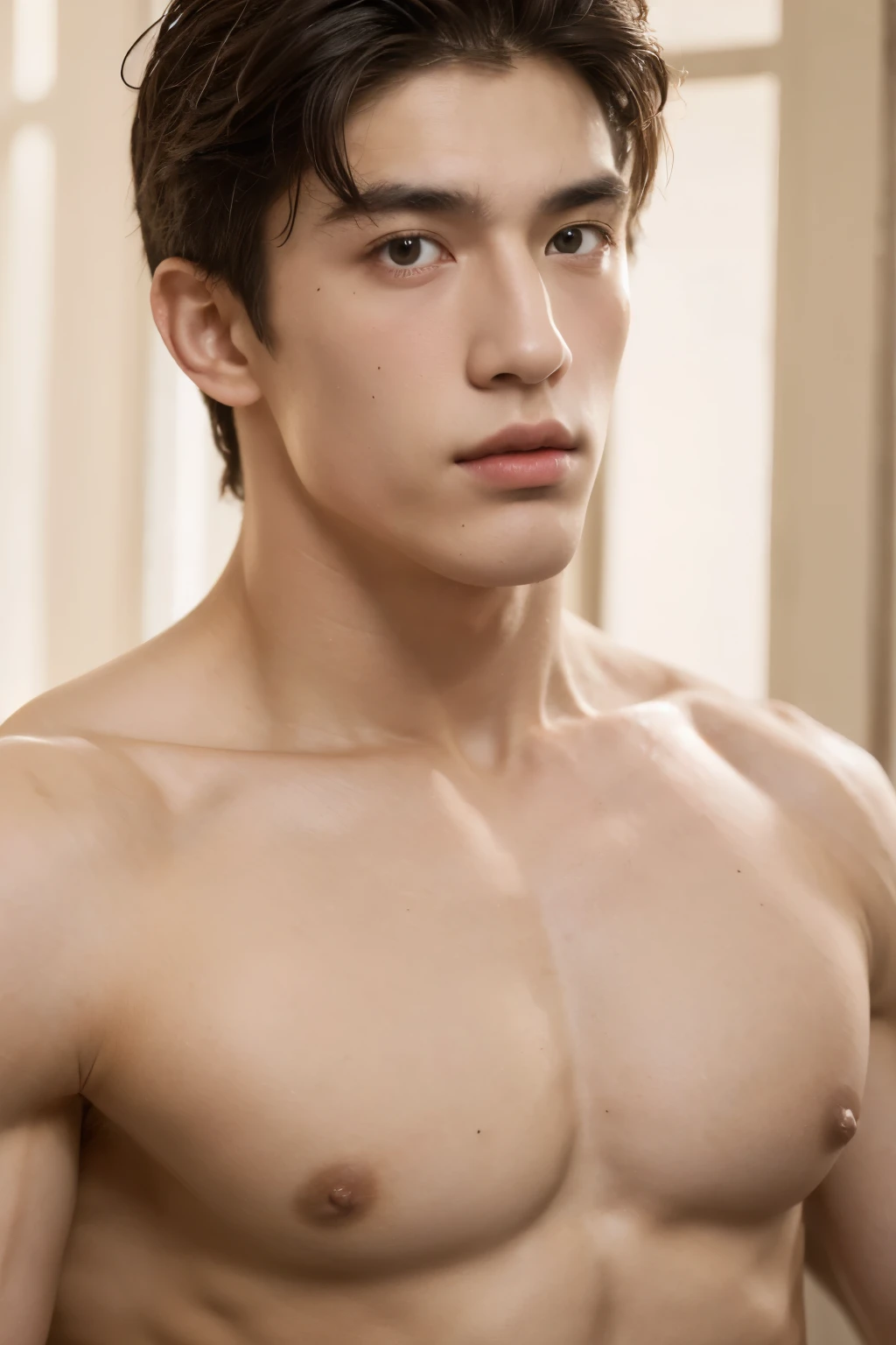 Portrait of a beautiful boy of , he holds a balance, justice, studio, light brown hair, almond-shaped eyes, bodybuilder, naked torso, white Roman toga, face with European features, fine facial features, beautiful body, sculpture-like body Greek.