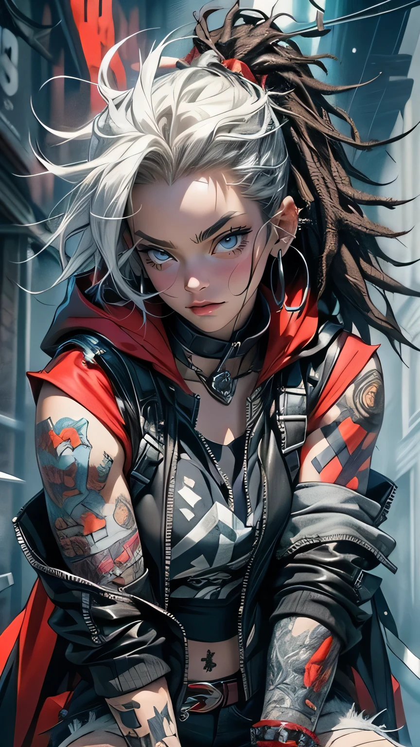 A punk rock version of Snow White, dressed in a rebellious fusion of avant-garde fashions. (standing: 1.2), red cape with hood and ripped mesh details, adorned with punk-inspired patches and brooches. Septum earrings, more calls, tattered dreadlocks, more patches, dirty, torn, anti-union spiked leather jackets, hardcore punk style jackets, punk badges, combat boots tied to legs, Rebellin, Dal, Emo orange, ct- niji2,dal