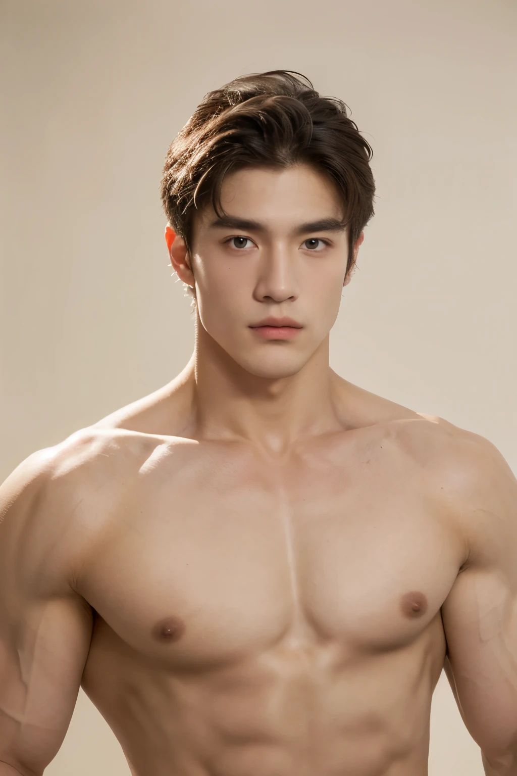 Portrait of a beautiful boy of 17 years, he holds a balance, justice, studio, light brown hair, almond-shaped eyes, bodybuilder, naked torso, white Roman toga, face with European features, fine facial features, beautiful body, sculpture-like body Greek.