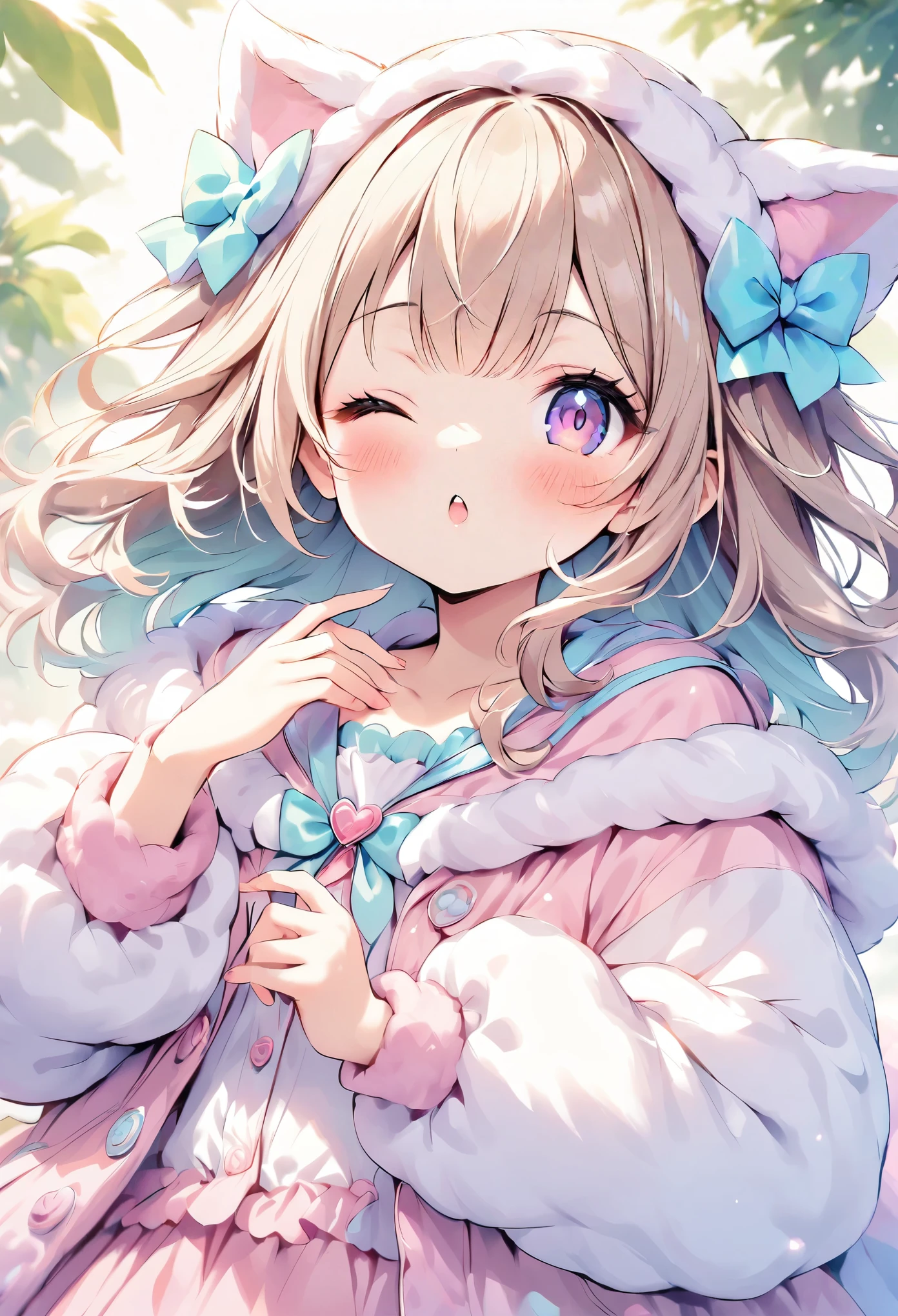 cuteガールフレンドが視聴者をお出迎えします,Blow a kiss to the audience,Wink,Welcome,cute,Adorable,1 Girl:,cute部屋着:gelato pique:Fluffy white and pink loungewear,The epitome of cuteness,Too cute for my taste,Blurred Background,Focus on the girl,Scrunchie,Beautiful, smooth, shiny brown hair,loves it,highest quality,Masterpiece,Super cute,Intricate details,eyelash,Big black eyes,The best composition,Anatomically correct,sweetheart,Illustrations that make the viewer feel fluffy,Close one eye,Show off your lips,Put your hands forward,relax,pastel colour,Fluffy texture,Clothes made of soft materials