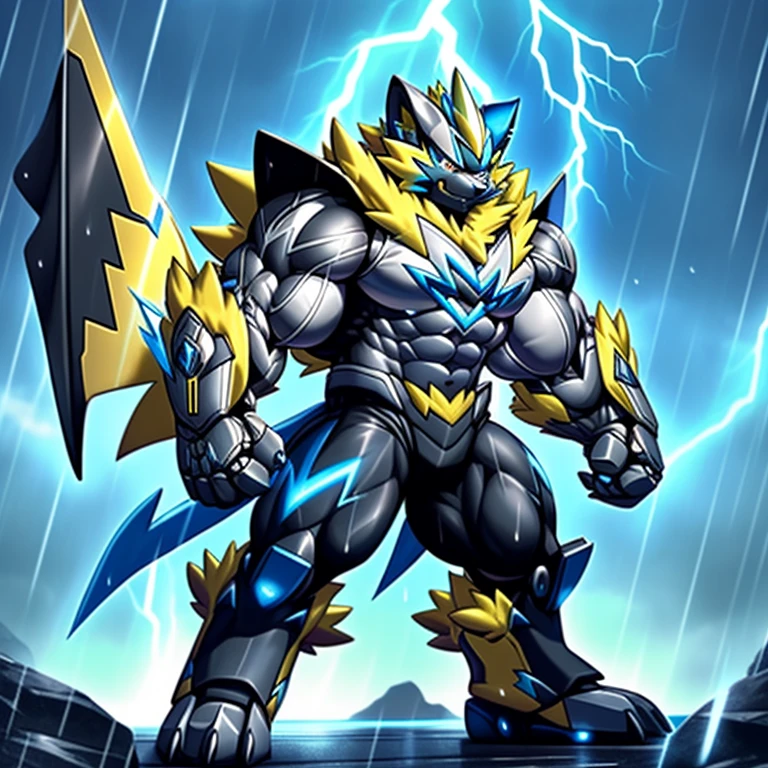 (masterpiece, best quality, detailed:1.2)
(Pokémon)
detailed full body,
Zeraora's giant robot.
Gigantic ZERAORA,
GIANT.
Protecting Zeraora's design and color scheme. scarf, A Zeraora at the bodybuilding competition, thunderstorm, rainy weather, lightning
wears a black cloak on his back.
It has wings.
whole body shines like metal.
Wearing cyberpunk mecha, emphasizes the muscles.
He wears the same armor as himself from head to foot. (emphasizes the muscles.)
suit fully made of metal,
intricate armor, Robotic suit, suit fully made of metal, cyborg,
big muscle.
pecs, triceps,
body full of huge muscles.
unusually developed muscular body,
A Zeraora at the bodybuilding competition,
massive,
huge muscular bodybuilder with extraordinary biceps, pecs, triceps, traps, gigachad, 300 lbs.
The claws are sharp, Sharp teeth,
with huge golden laser sword,